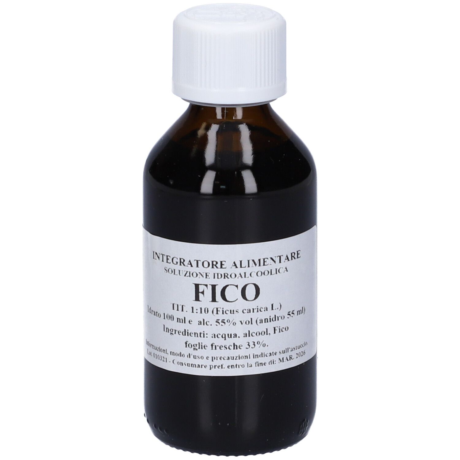 Flacone di vetro marrone con tappo bianco ed etichetta. L'etichetta indica 'FICO'.