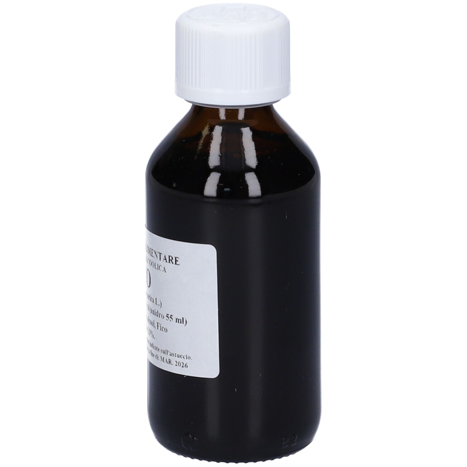 Flacone di vetro marrone con tappo bianco ed etichetta. L'etichetta indica 'FICO'.