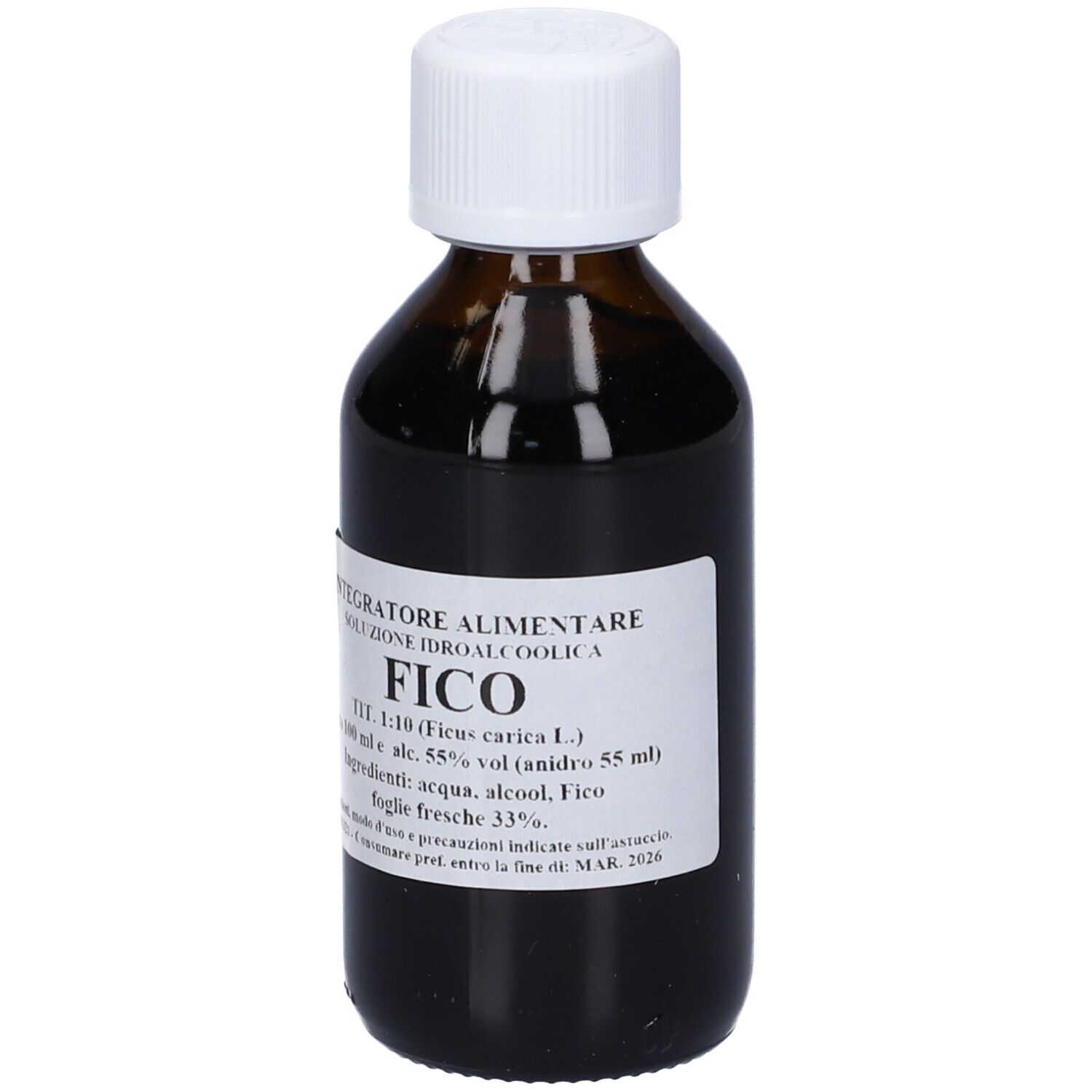 Flacone di vetro marrone con tappo bianco ed etichetta. L'etichetta indica 'FICO'.