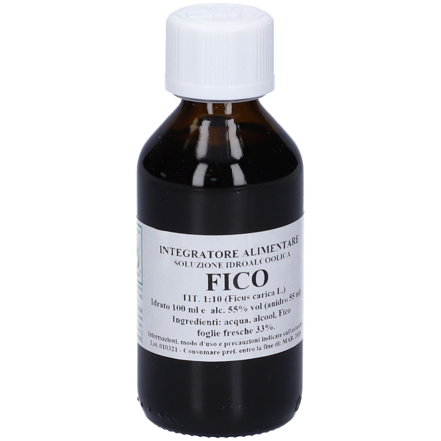 Flacone di vetro marrone con tappo bianco ed etichetta. L'etichetta indica 'FICO'.