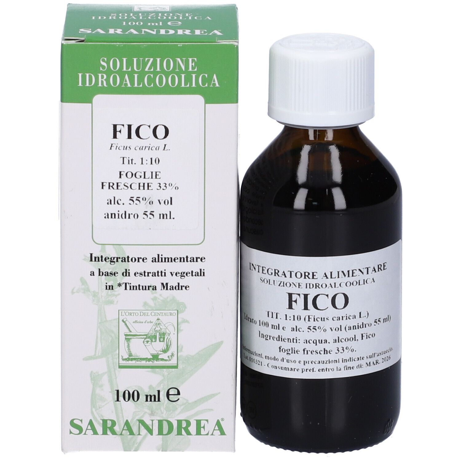 Flacone di vetro marrone con tappo bianco ed etichetta, accanto a scatola verde con informazioni.