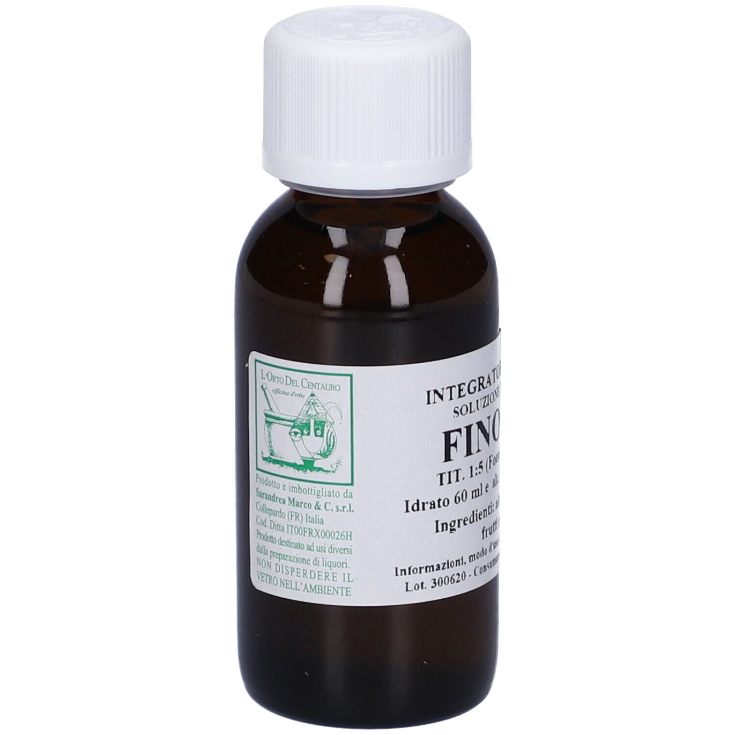 Flacone di vetro marrone con tappo bianco. Scritta: Integratore, Finocchio, 60 ml, Idroalcolica.