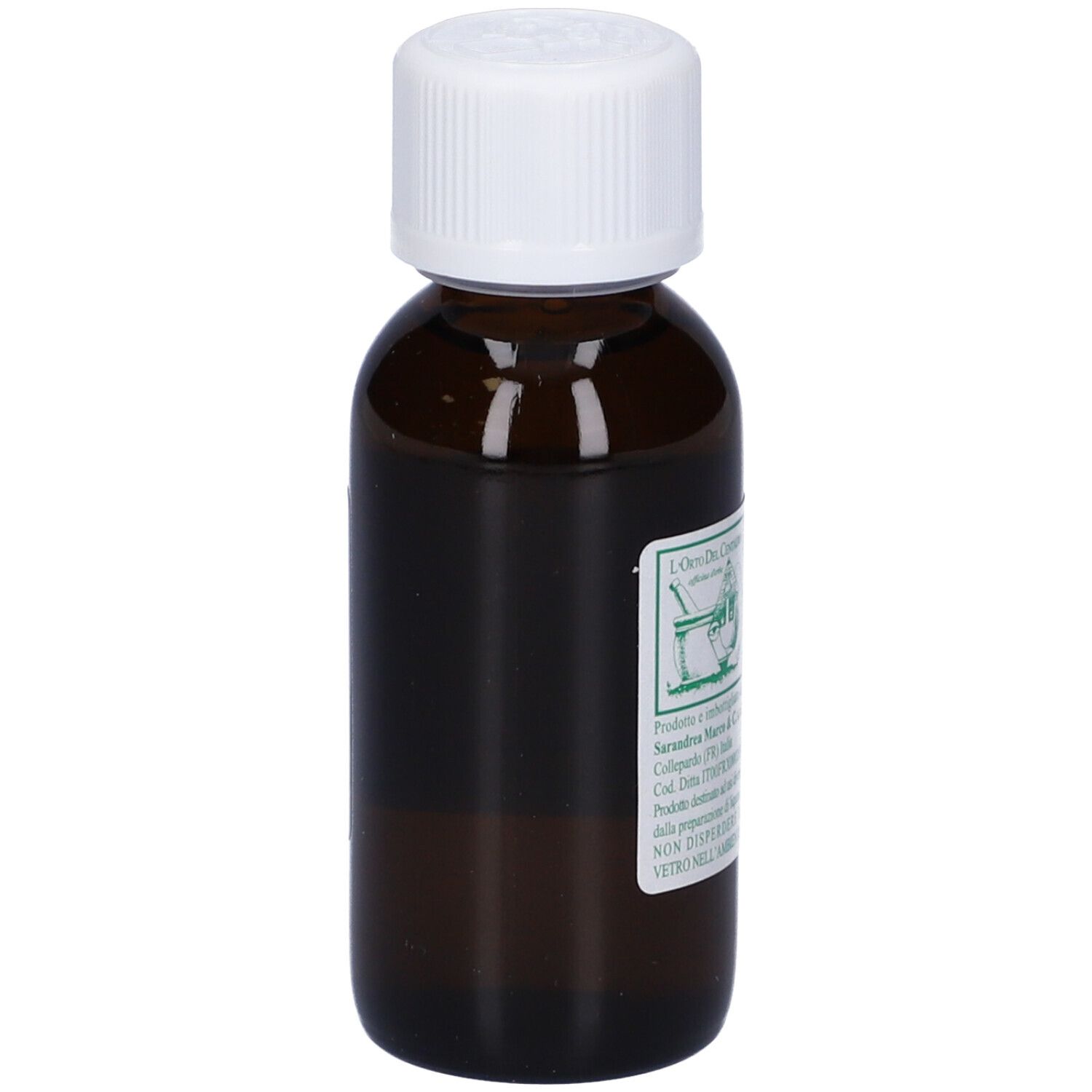 Flacone di vetro marrone con tappo bianco. Scritta: Integratore, Finocchio, 60 ml, Idroalcolica.