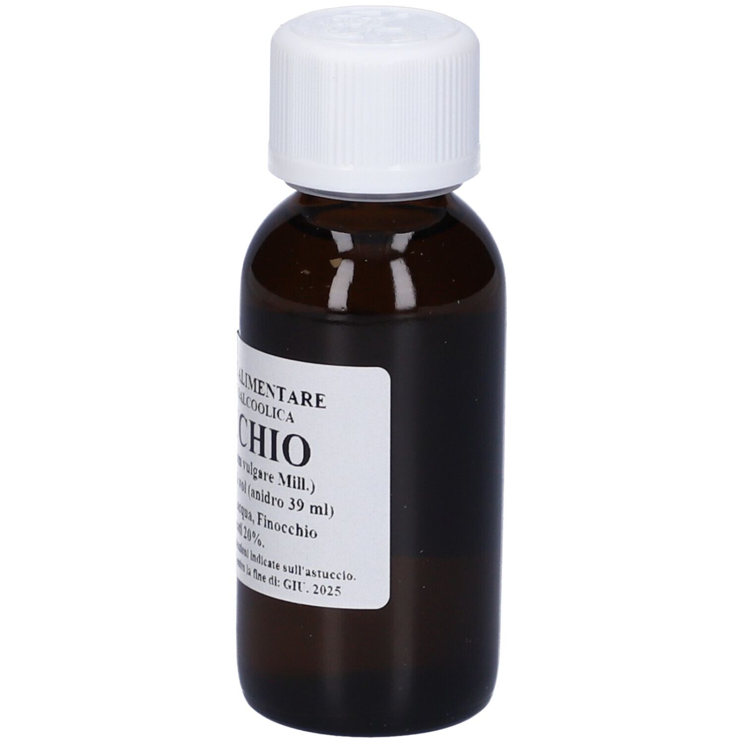 Flacone di vetro marrone con tappo bianco. Scritta: Finocchio, 60 ml, Idroalcolica.