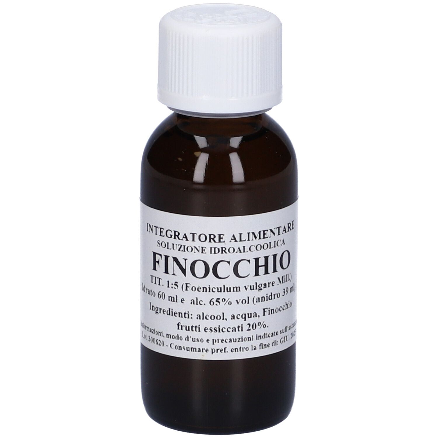 Flacone di vetro marrone con tappo bianco. Scritta: Integratore Alimentare, Finocchio, 60 ml.