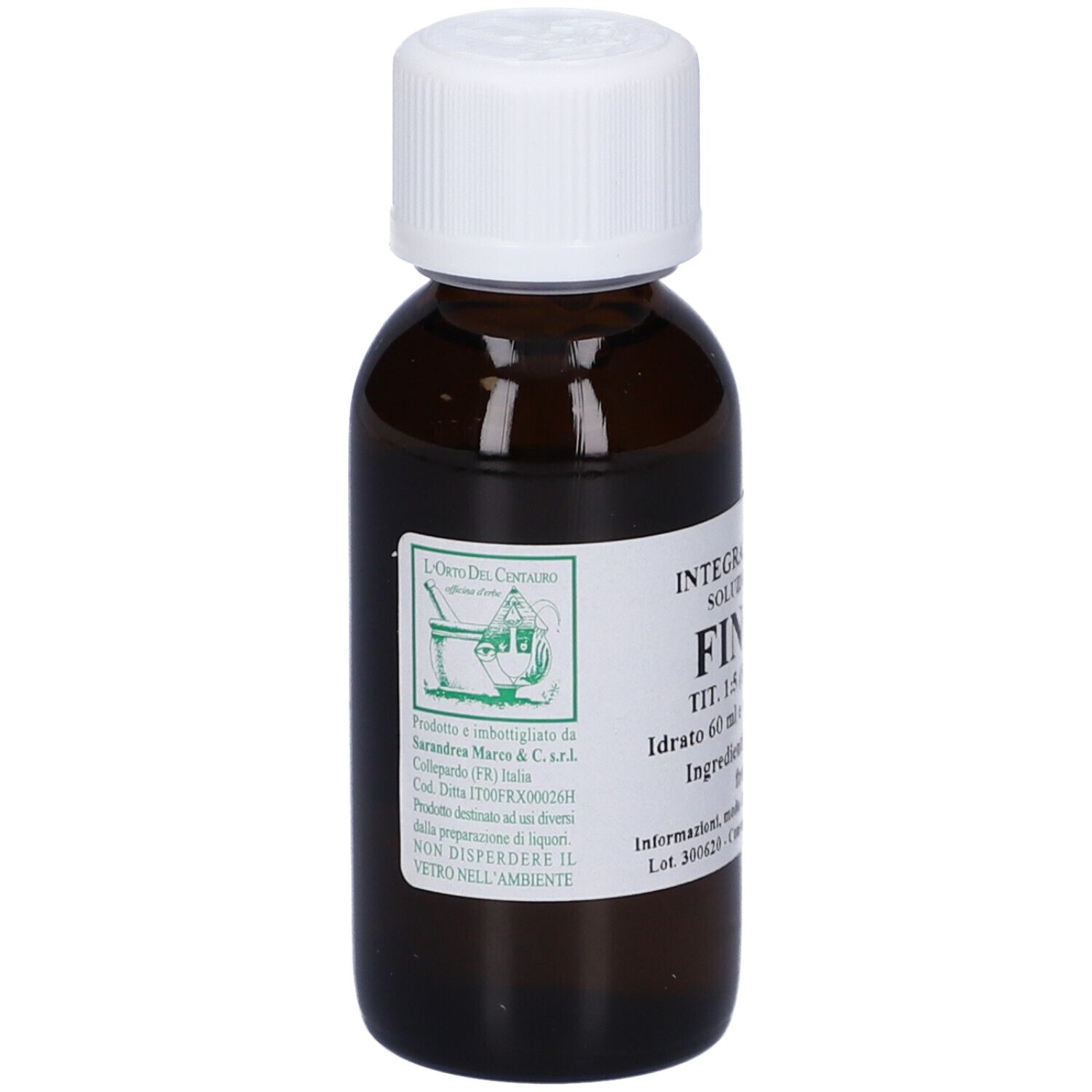 Flacone di vetro marrone con tappo bianco. Scritta: Integratore Alimentare, Finocchio, 60 ml.