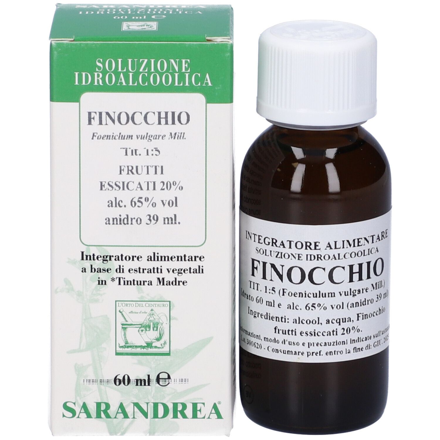 Flacone di vetro marrone con tappo bianco e scatola. Scritta: Finocchio, 60 ml, Sarandrea.