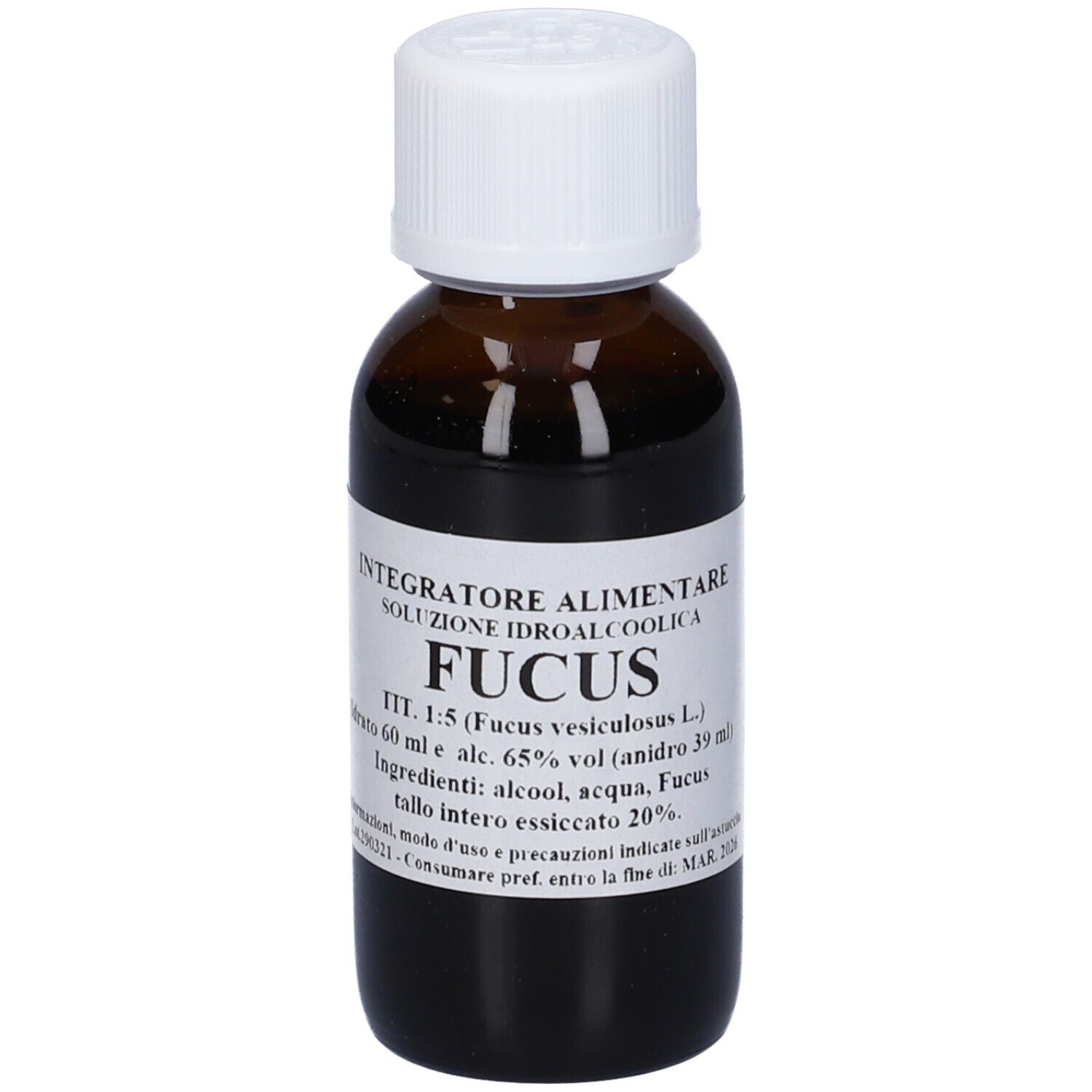 Flacone di vetro marrone con tappo bianco ed etichetta. L'etichetta riporta 'Fucus'.