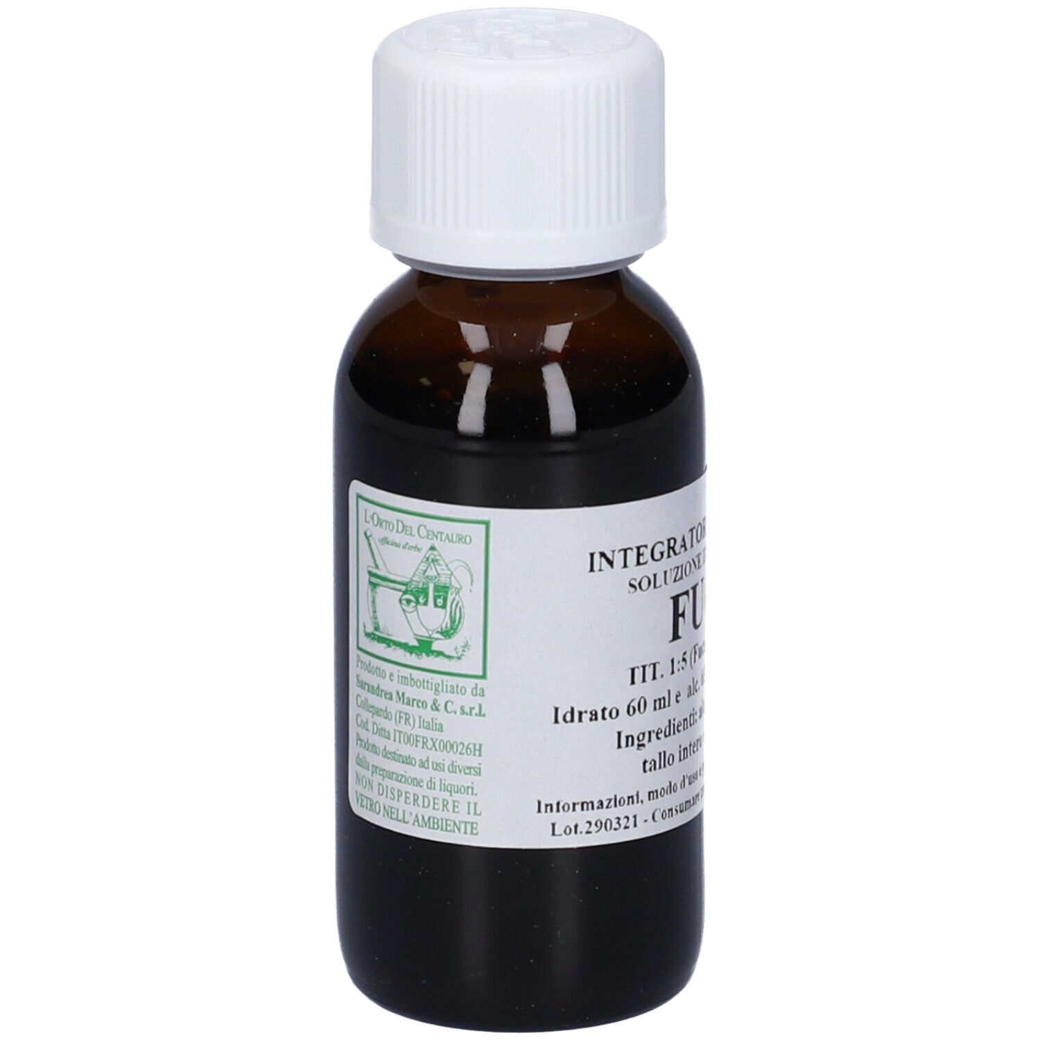 Flacone di vetro marrone con tappo bianco ed etichetta. L'etichetta riporta 'Fucus'.