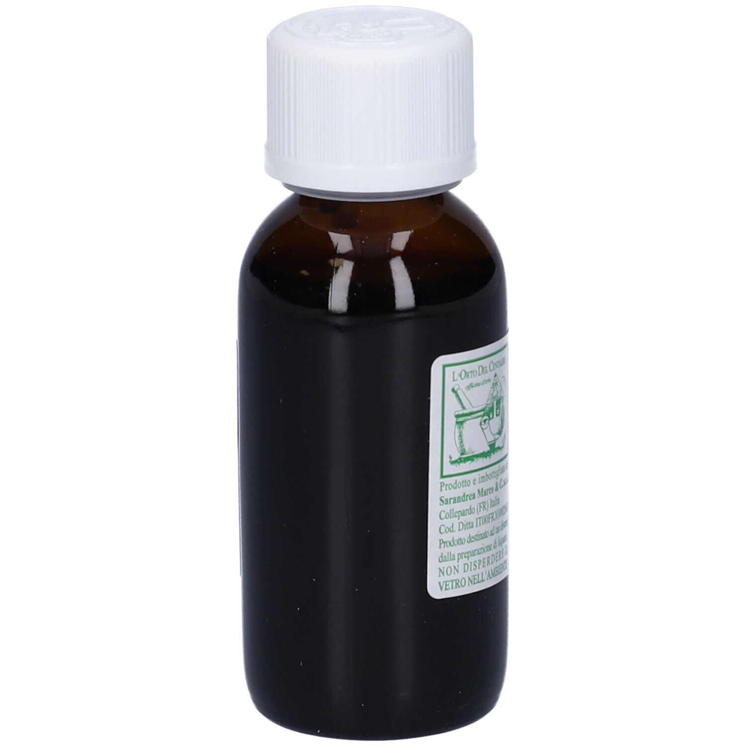 Flacone di vetro marrone con tappo bianco ed etichetta. L'etichetta riporta 'Fucus'.