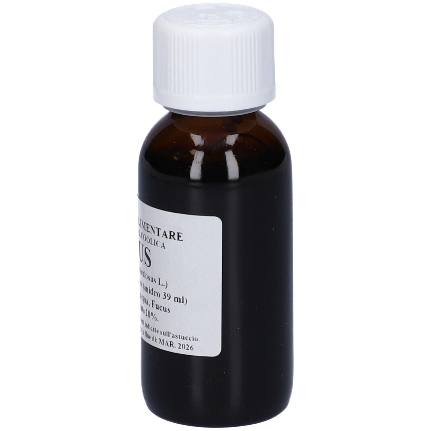 Flacone di vetro marrone con tappo bianco ed etichetta. L'etichetta riporta 'Fucus'.