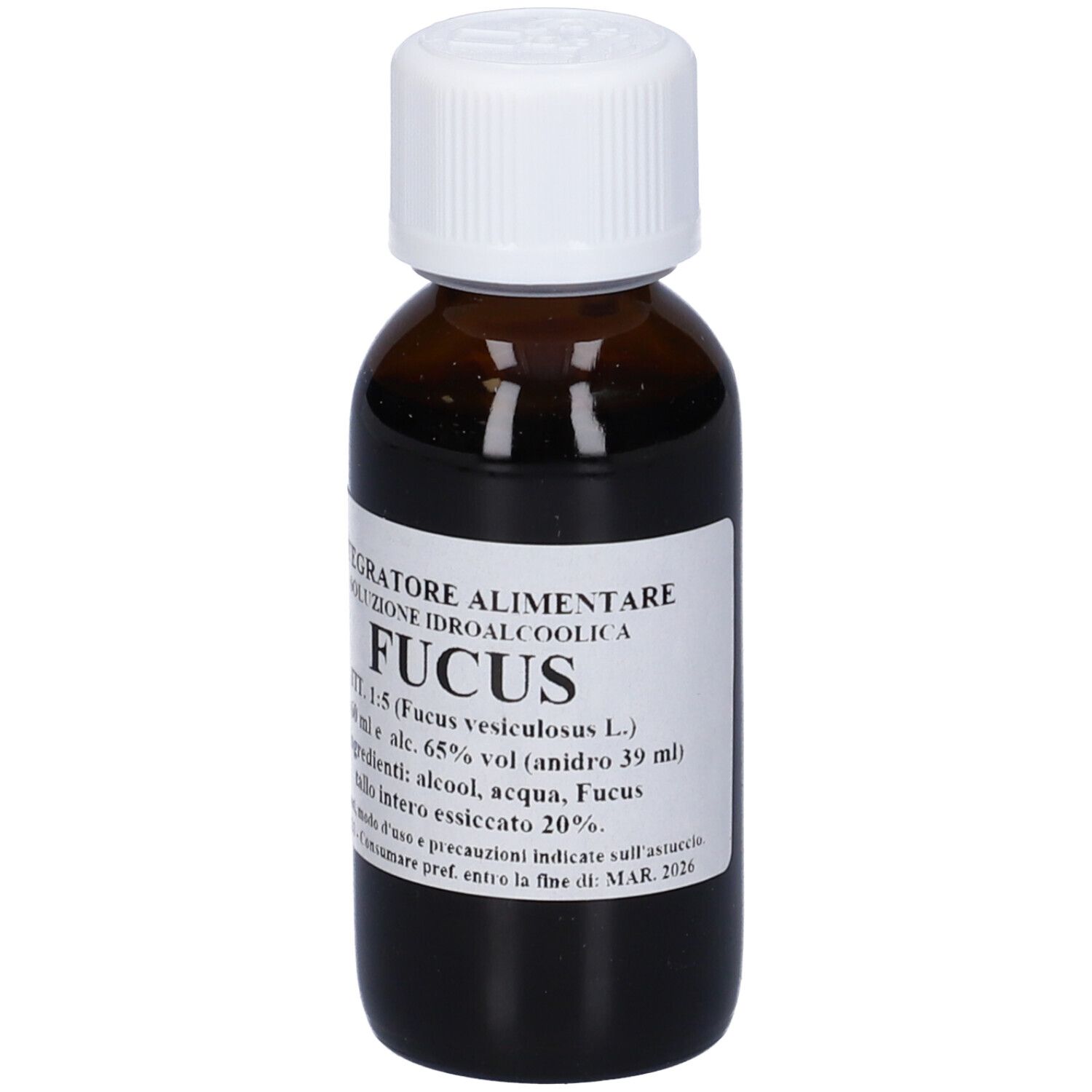 Flacone di vetro marrone con tappo bianco ed etichetta. L'etichetta riporta 'Fucus'.