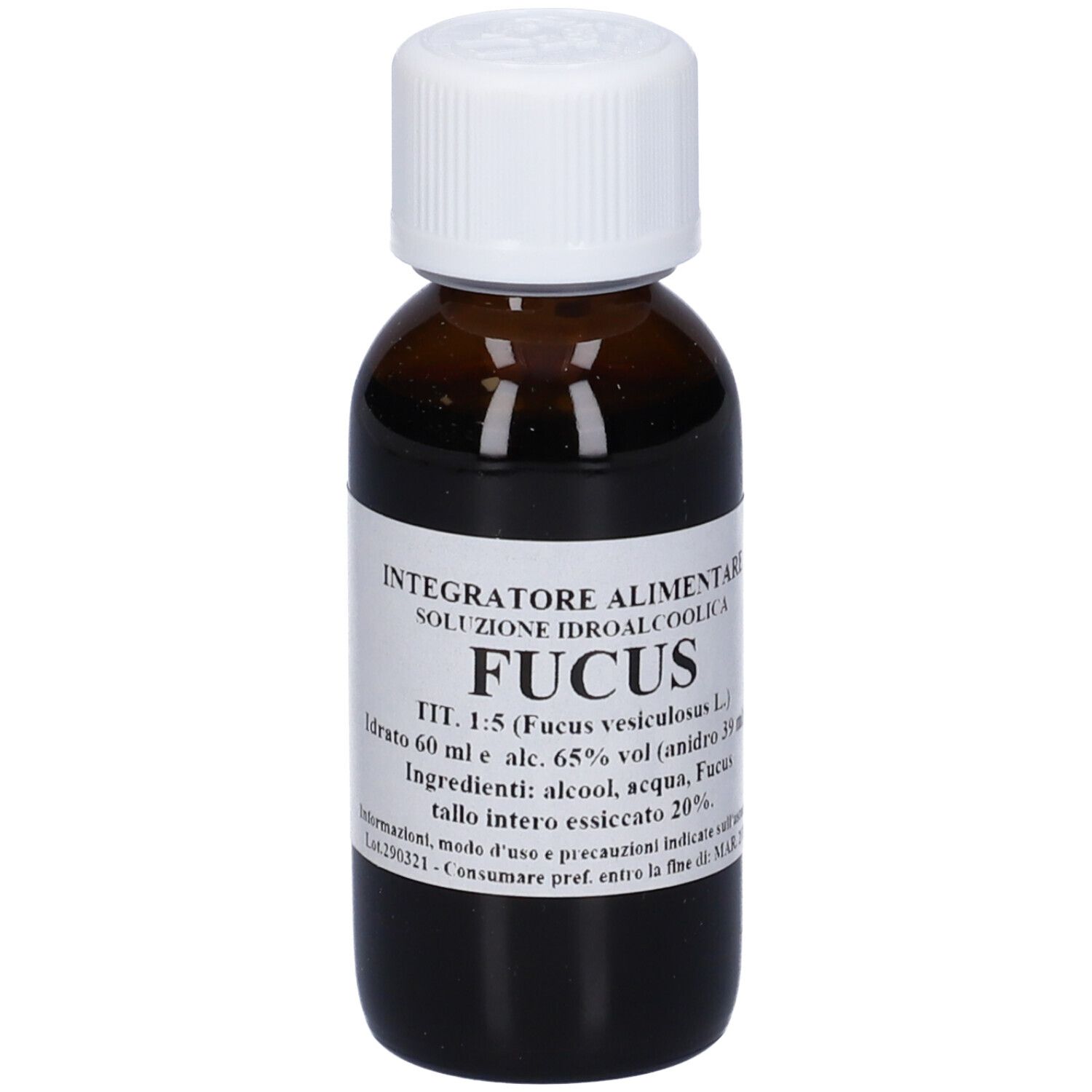 Flacone di vetro marrone con tappo bianco ed etichetta. L'etichetta riporta 'Fucus'.