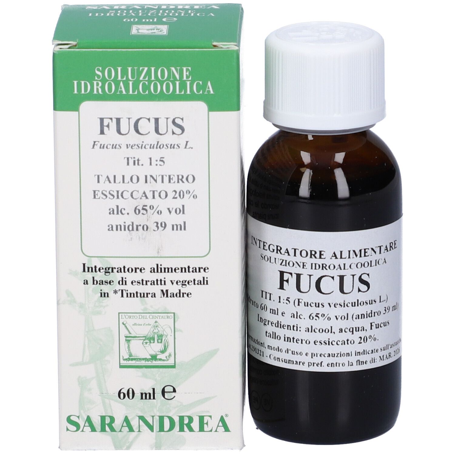 Flacone di vetro marrone con tappo bianco ed etichetta, accanto a una scatola verde. L'etichetta riporta 'Fucus'.