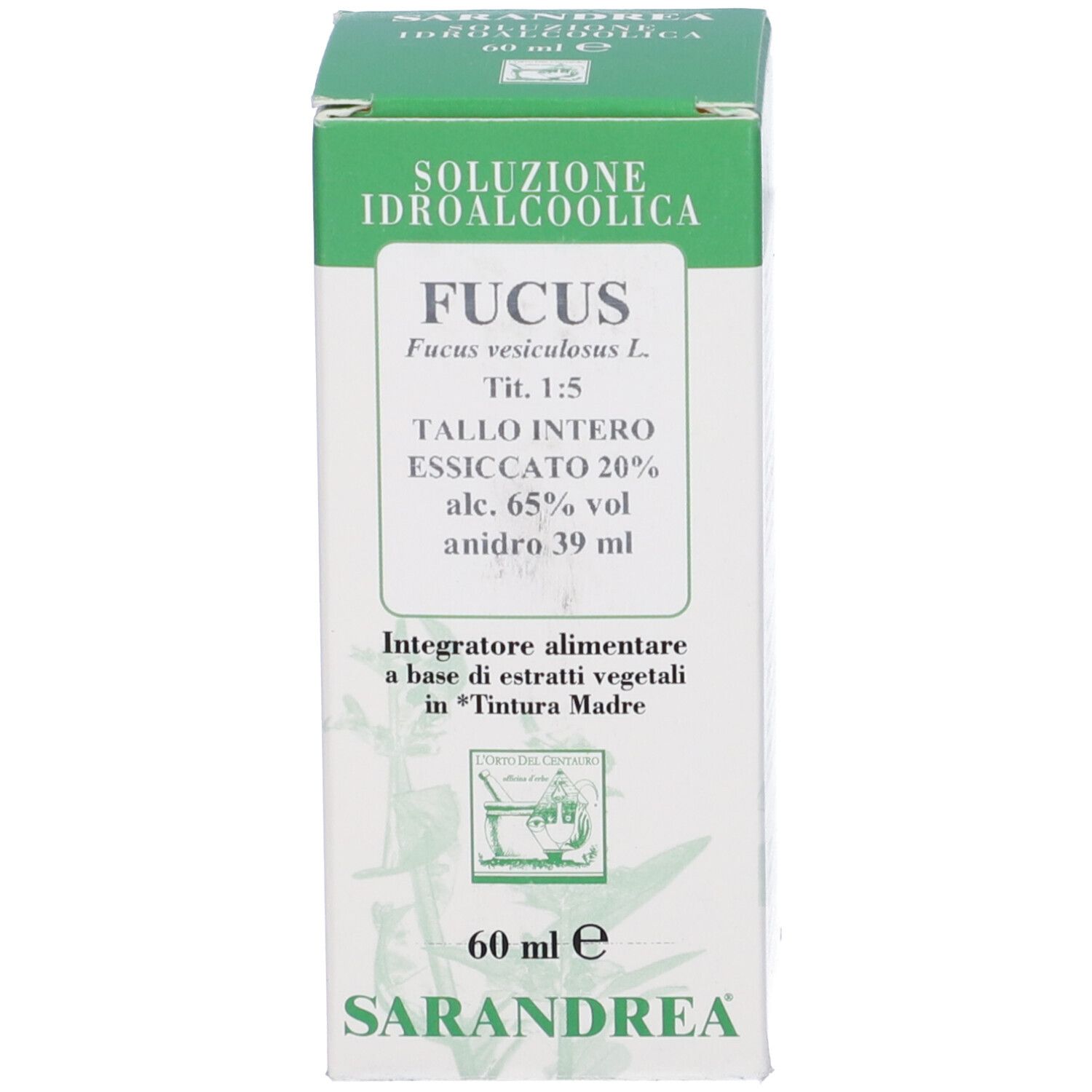 Scatola verde con informazioni sul prodotto. La scatola riporta 'Fucus'.