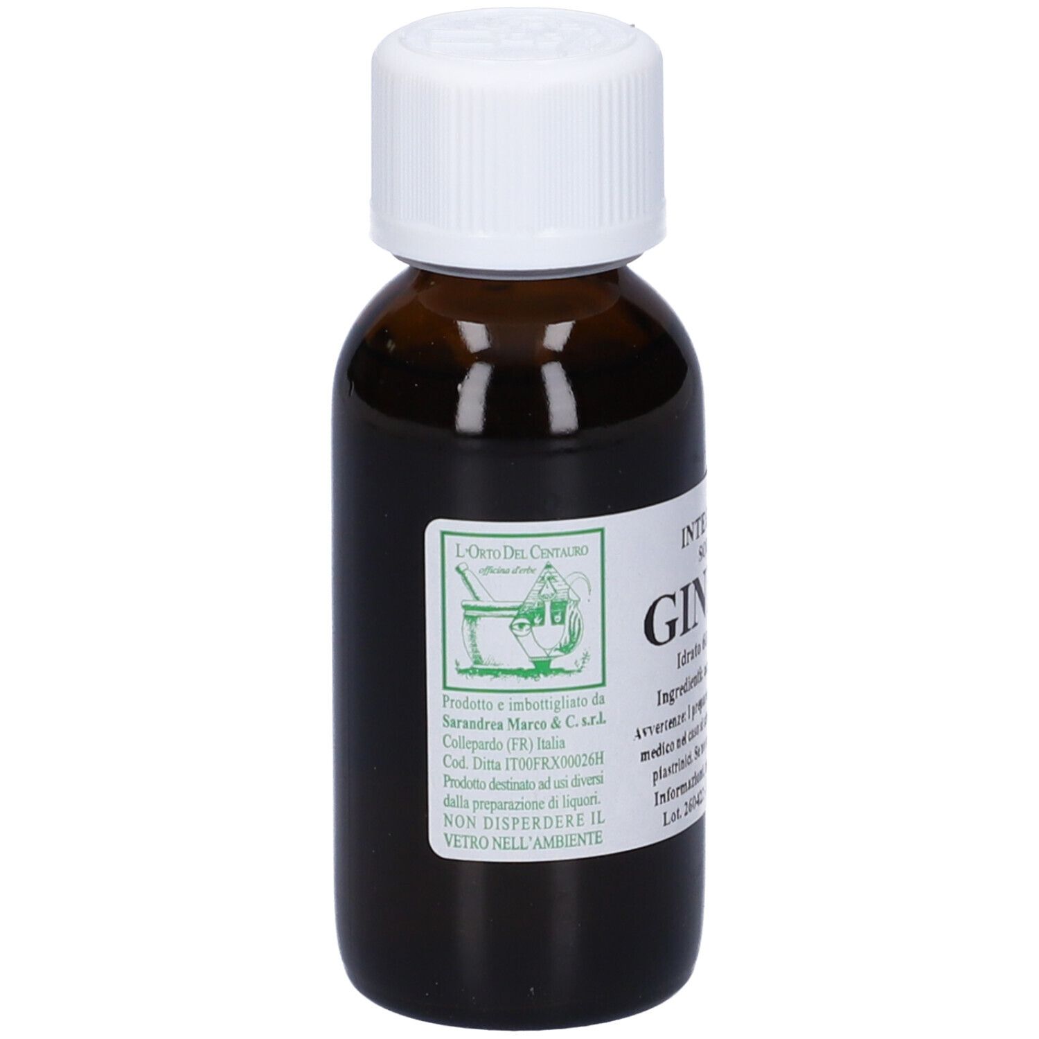 Flacone di vetro marrone con tappo bianco. Scritta: Ginkgo, Integratore Alimentare, 60 ml.