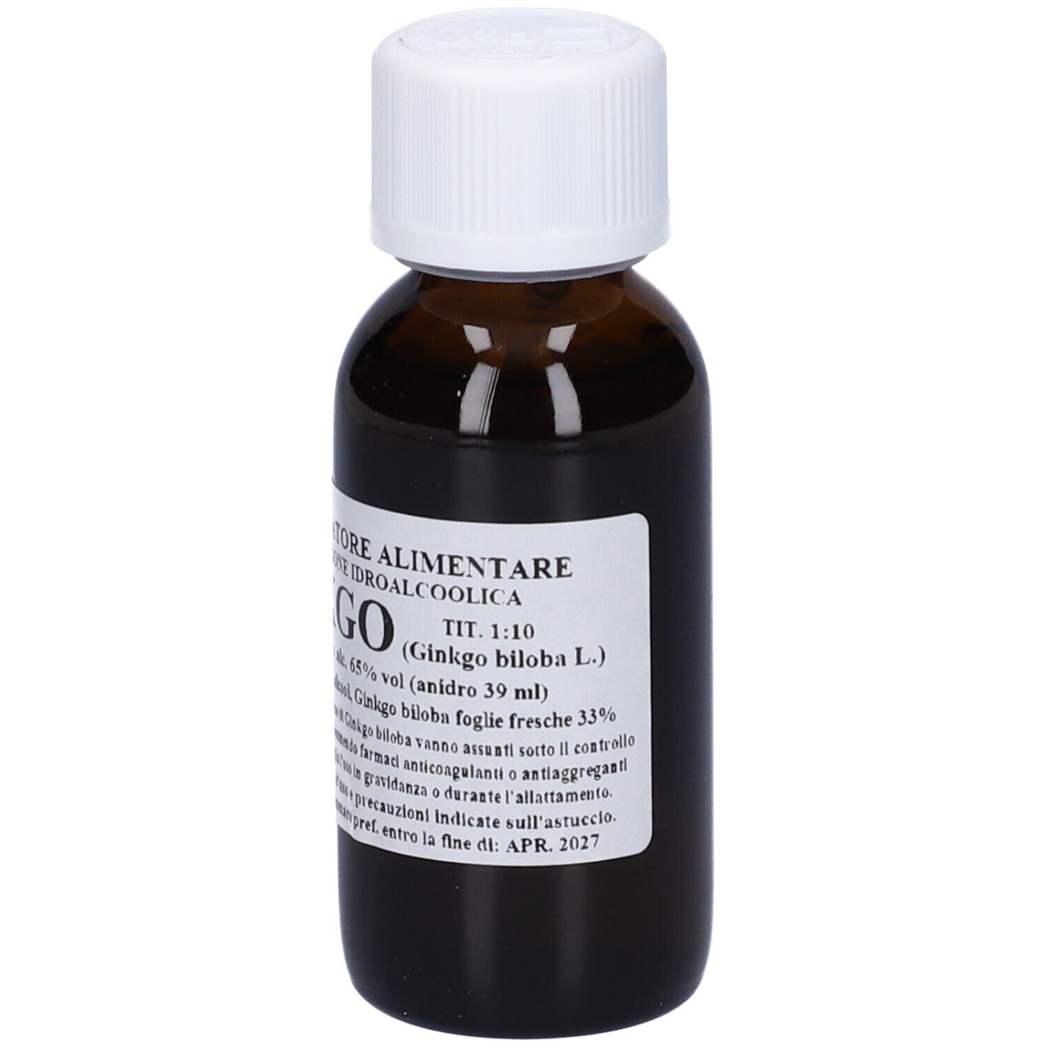 Flacone di vetro marrone con tappo bianco. Scritta: Ginkgo, Integratore Alimentare, 60 ml.