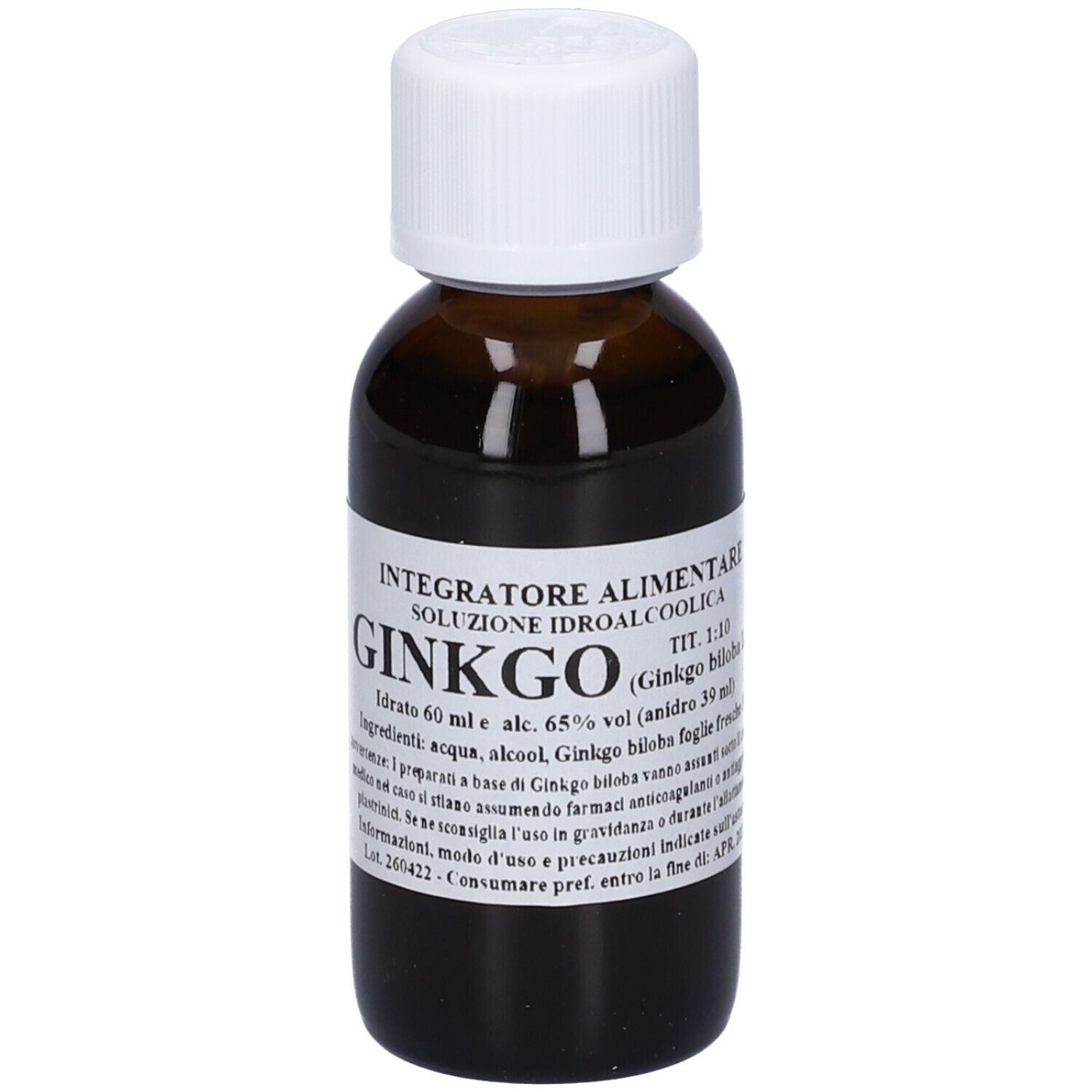 Flacone di vetro marrone con tappo bianco. Scritta: Ginkgo, Integratore Alimentare, 60 ml.