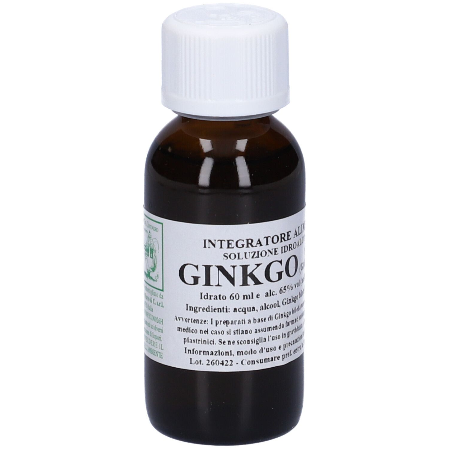 Flacone di vetro marrone con tappo bianco. Scritta: Ginkgo, Integratore Alimentare, 60 ml.