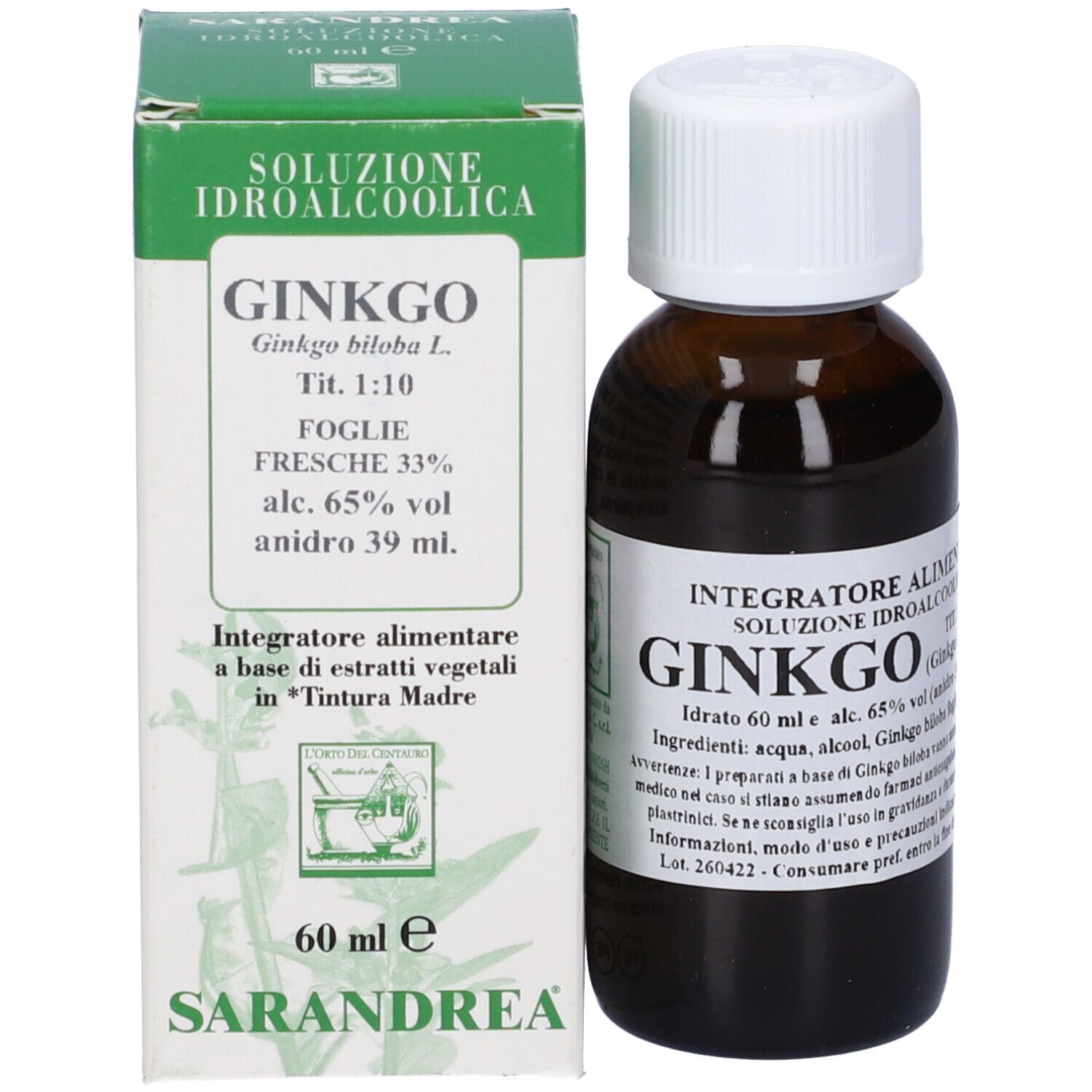 Flacone di vetro marrone con tappo bianco e confezione. Scritta: Ginkgo, 60 ml, Sarandrea.