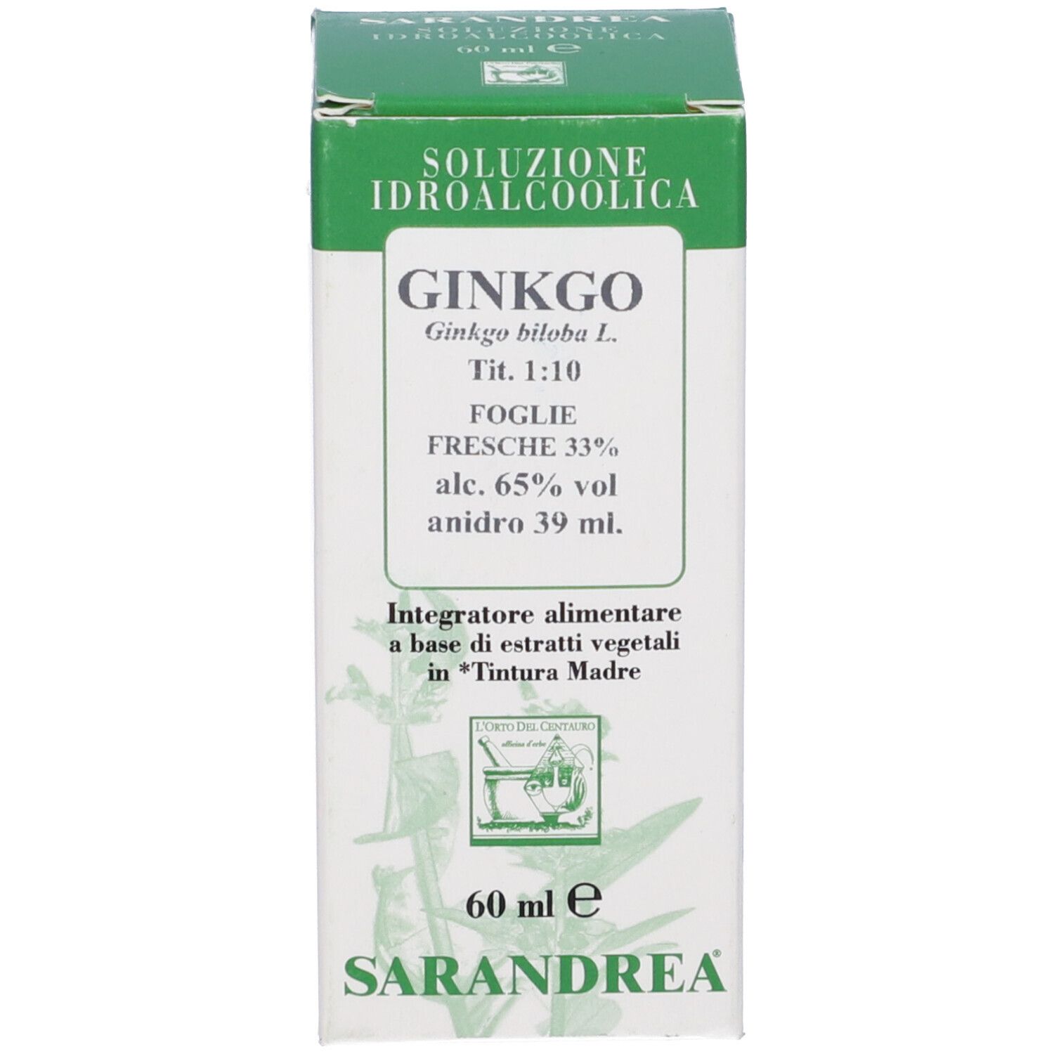 Confezione del prodotto. Scritta: Ginkgo, 60 ml, Sarandrea.