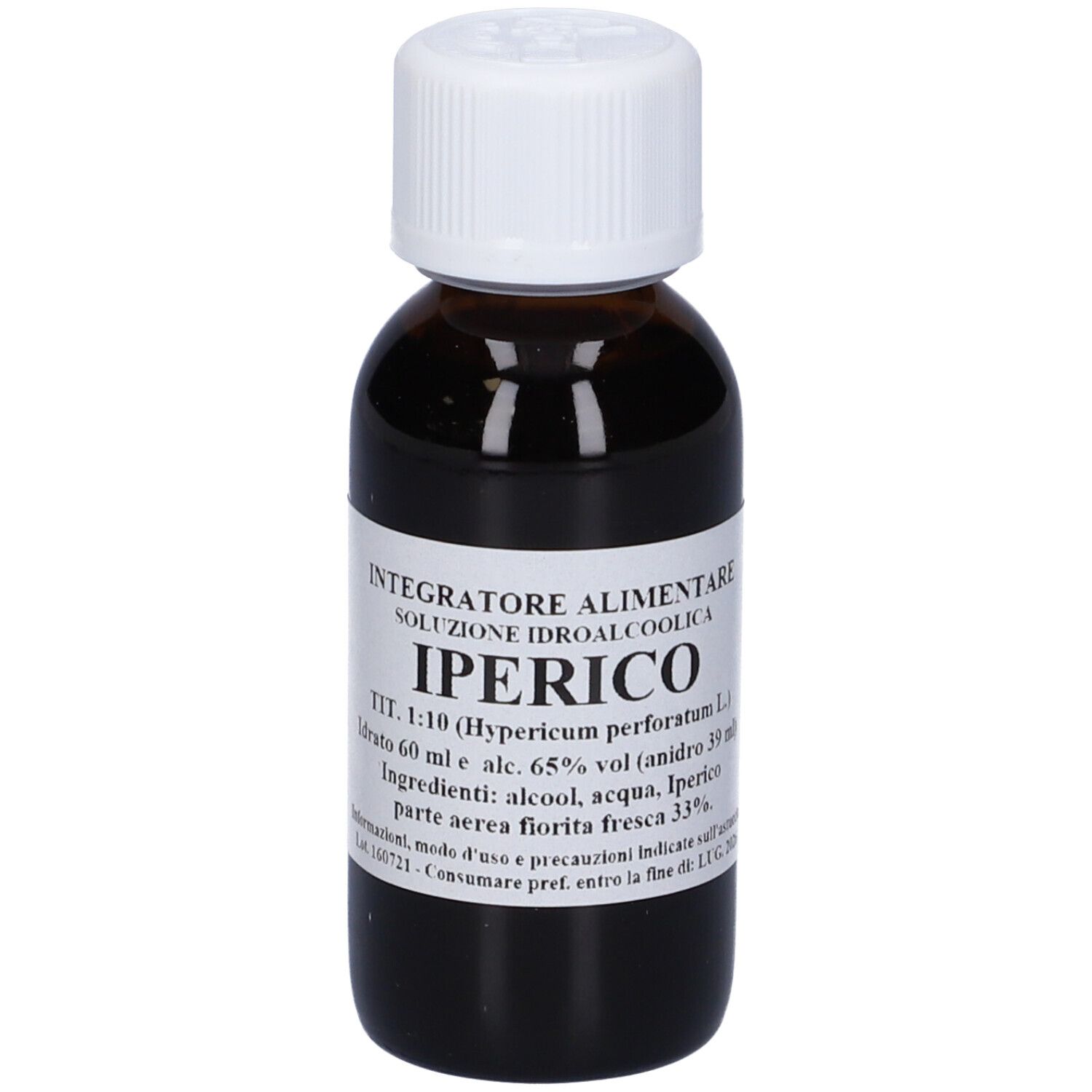 Flacone di vetro marrone con tappo bianco. Etichetta con nome del prodotto e ingredienti.