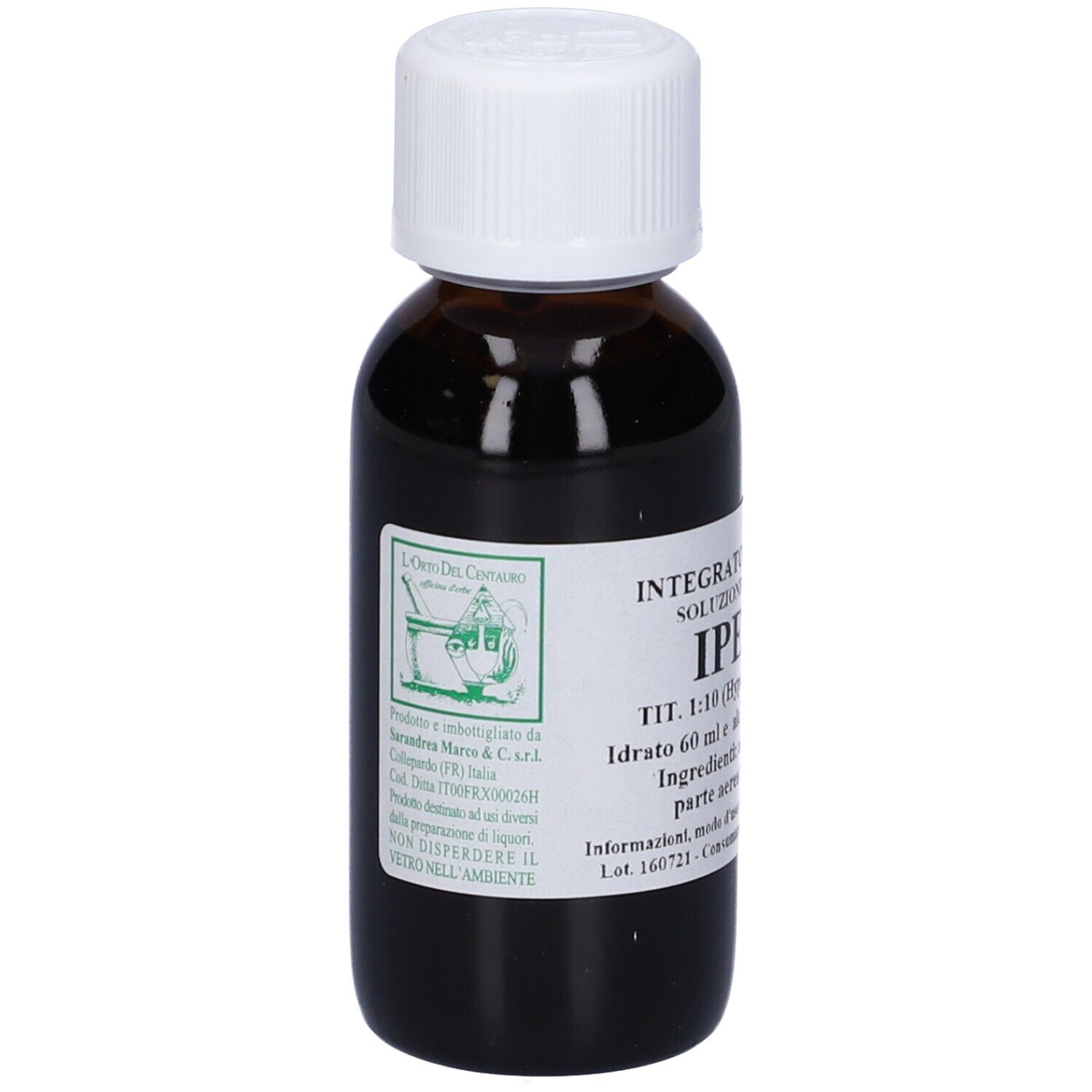 Flacone di vetro marrone con tappo bianco. Etichetta con nome del prodotto e ingredienti.