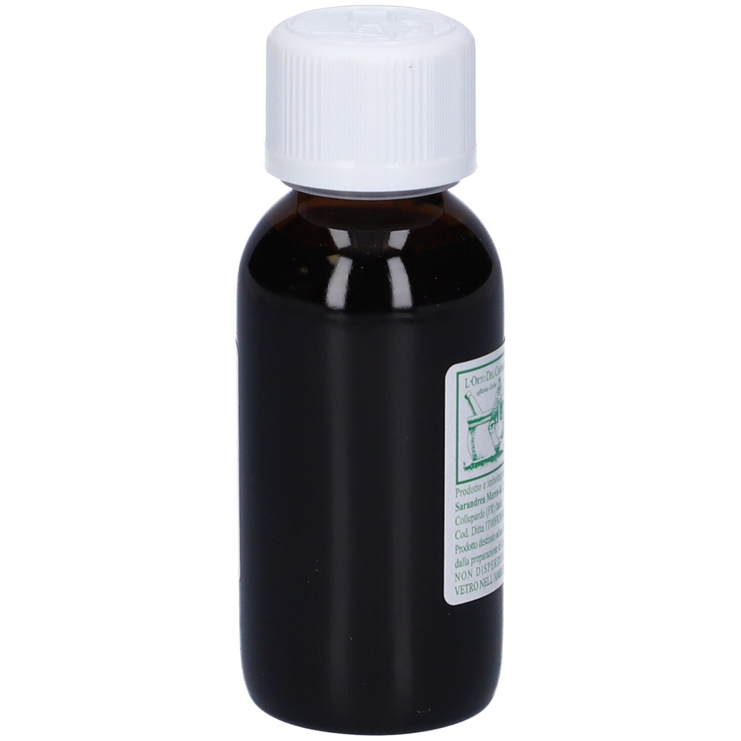 Flacone di vetro marrone con tappo bianco. Etichetta con nome del prodotto e ingredienti.