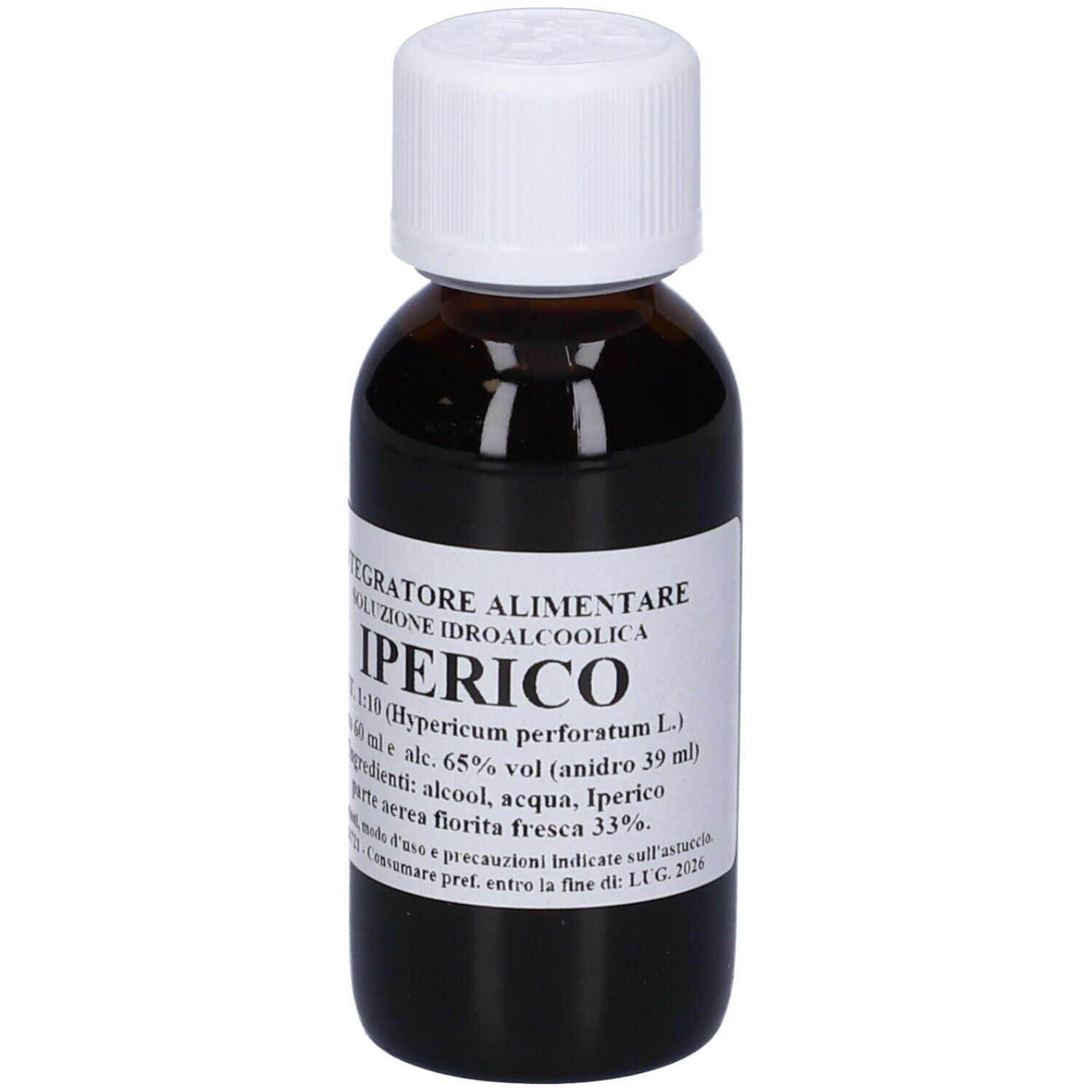 Flacone di vetro marrone con tappo bianco. Etichetta con nome del prodotto e ingredienti.