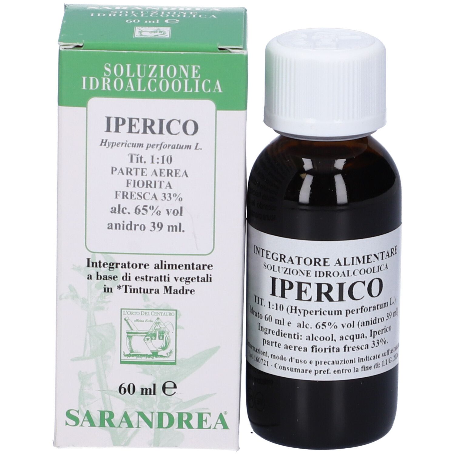 Flacone di vetro marrone con tappo bianco e scatola verde. Nome del prodotto e ingredienti su etichetta e scatola.