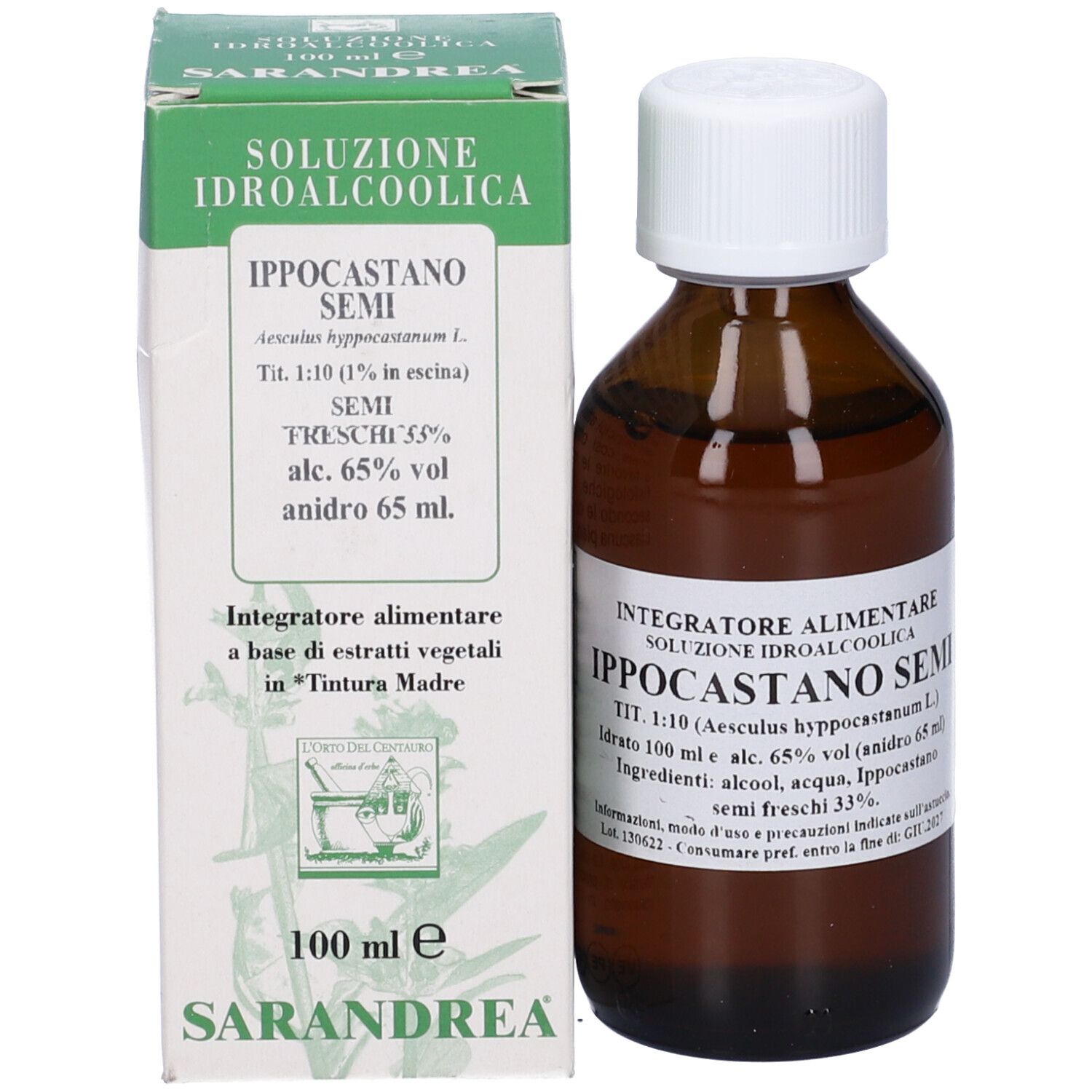 Flacone di vetro marrone con tappo bianco e scatola. Scritta: Ippocastano Semi. Marchio: Sarandrea.