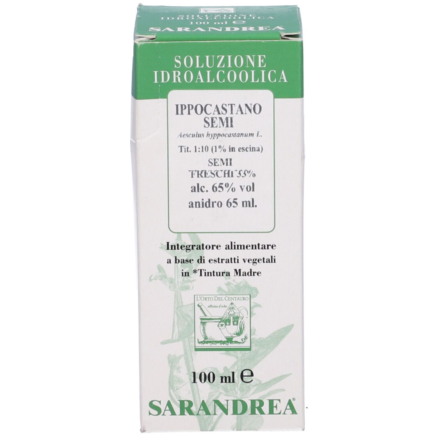 Scatola con scritta: Ippocastano Semi. Marchio: Sarandrea. 100 ml.