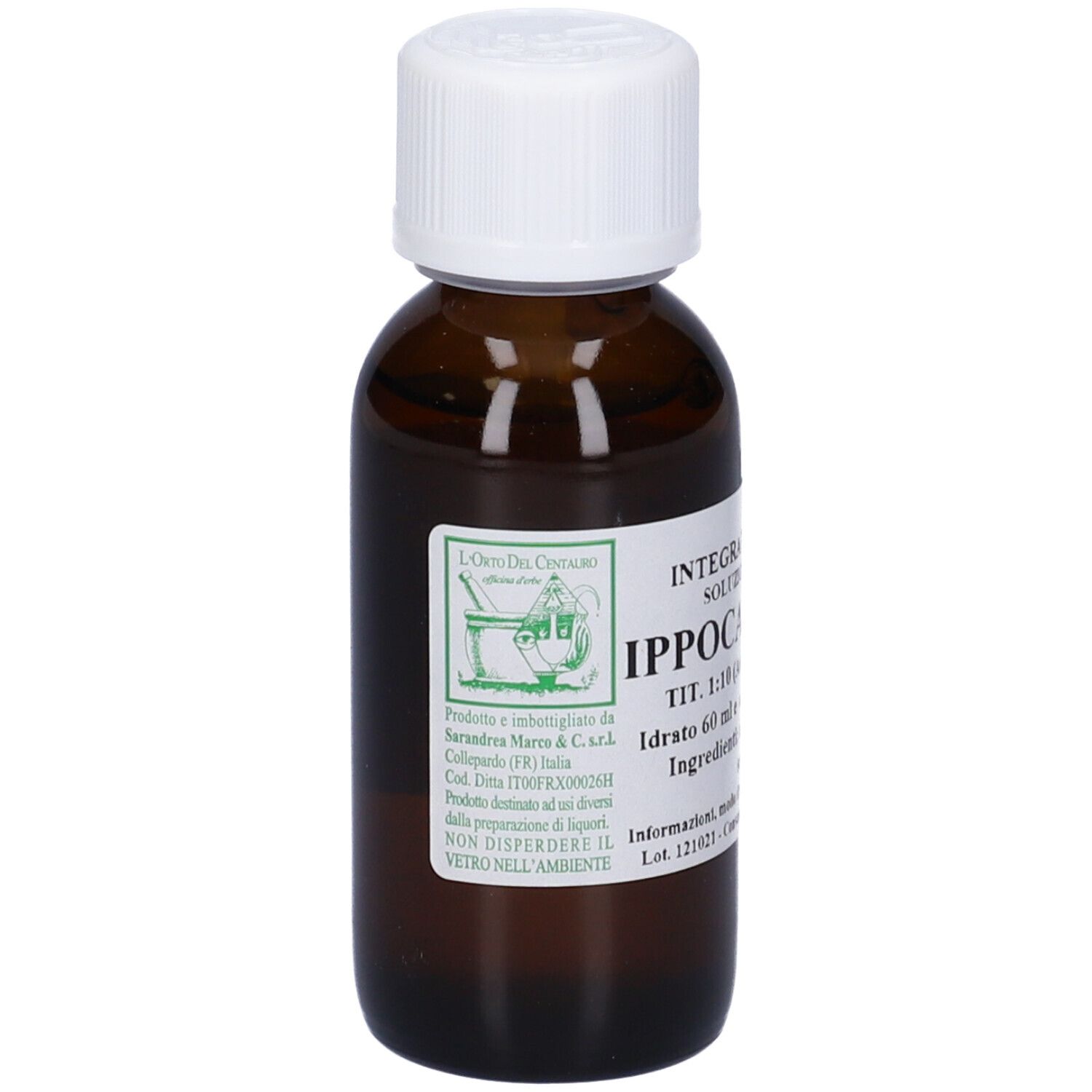 Flacone di vetro marrone con tappo bianco. Scritta: Ippocastano, 60 ml. Etichetta con logo e testo.