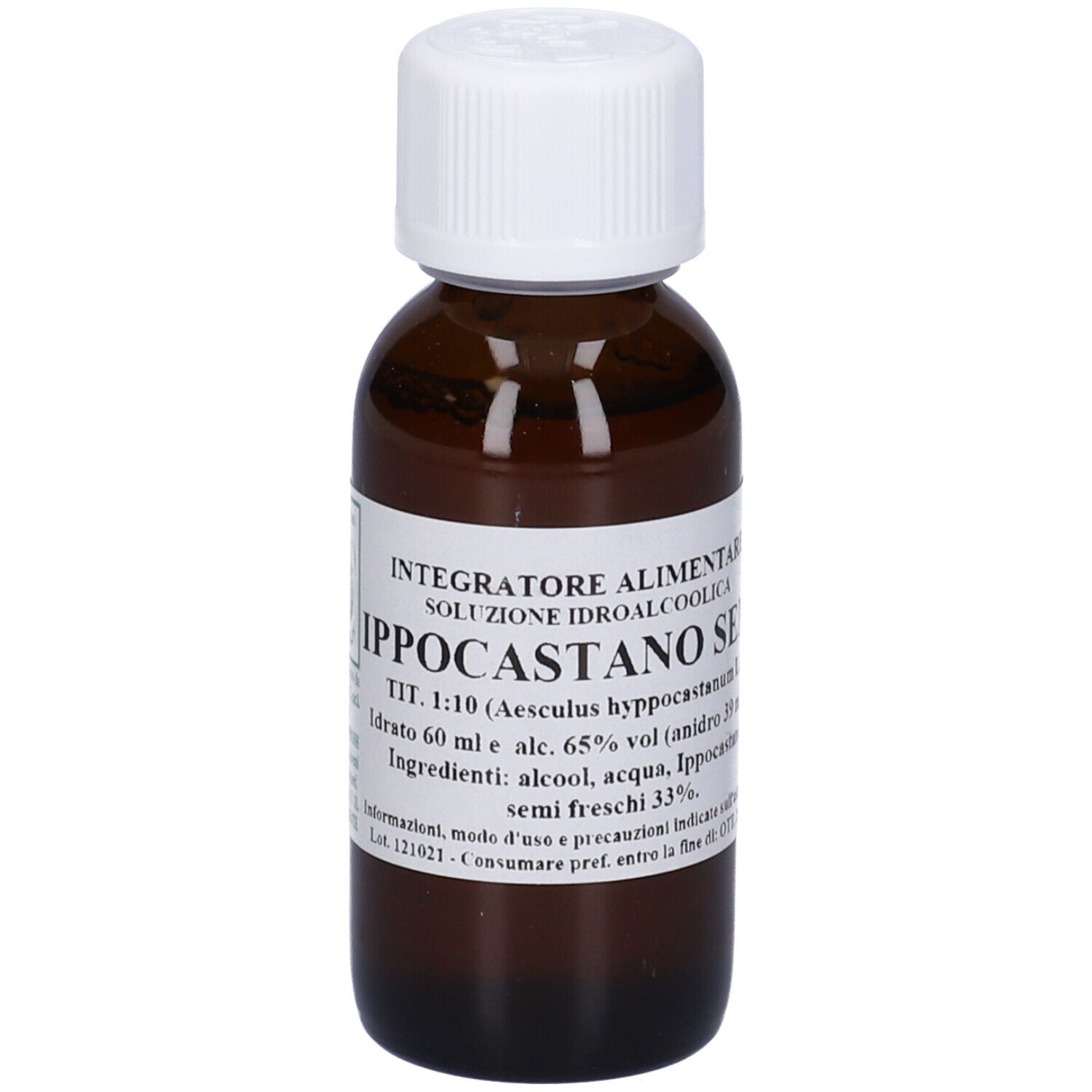 Flacone di vetro marrone con tappo bianco. Scritta: Ippocastano Semi. Etichetta con testo.