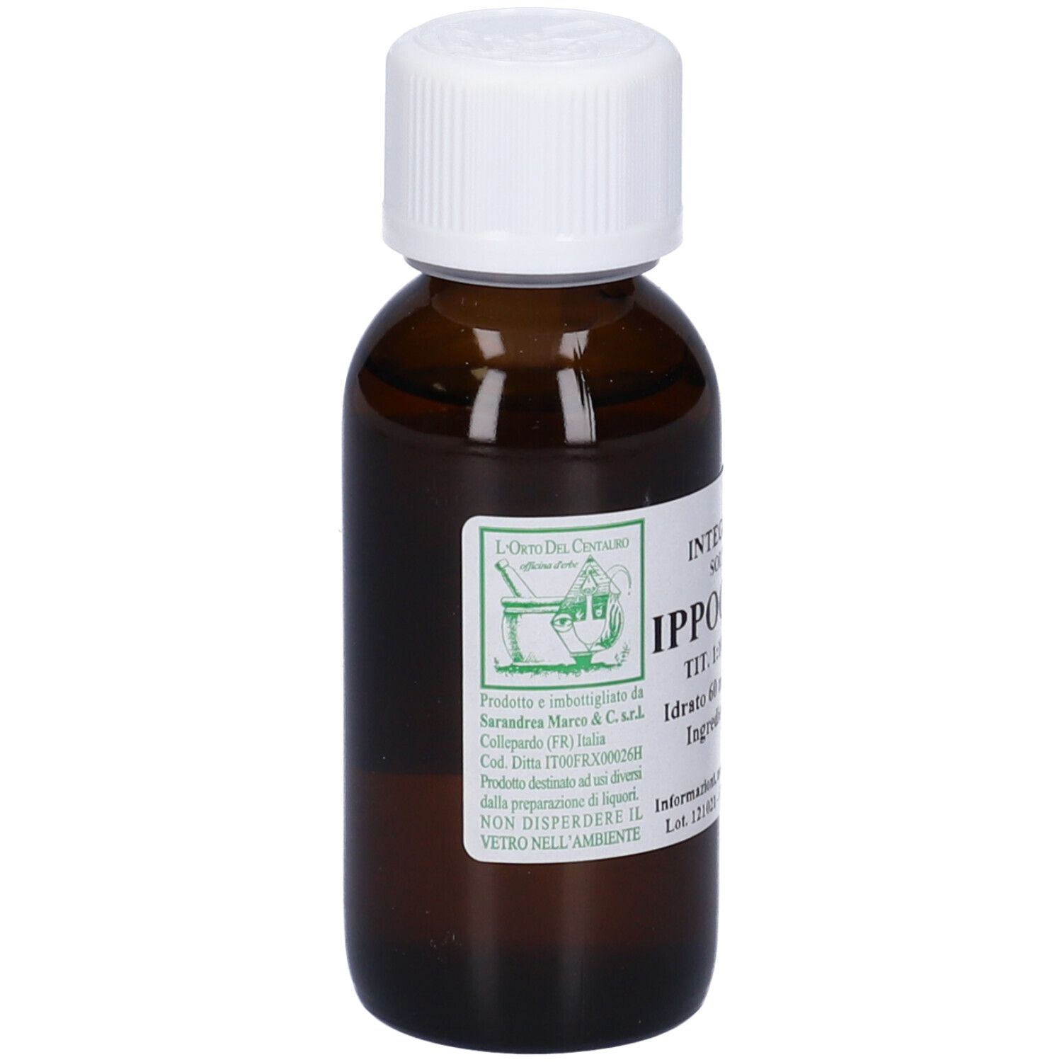 Flacone di vetro marrone con tappo bianco. Scritta: Ippocastano Semi. Etichetta con testo.