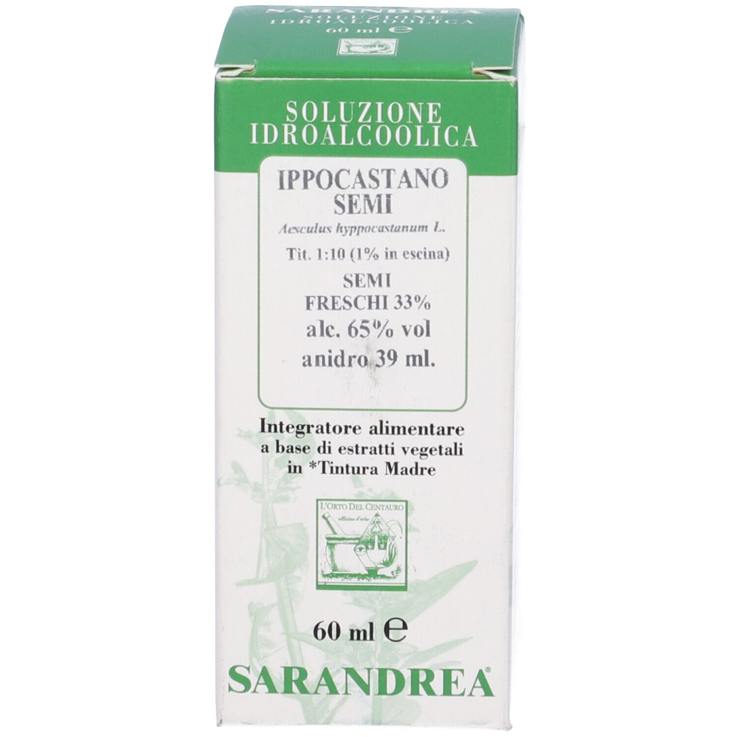Scatola con scritta: Ippocastano Semi, 60 ml, Sarandrea. Colori verde e bianco.