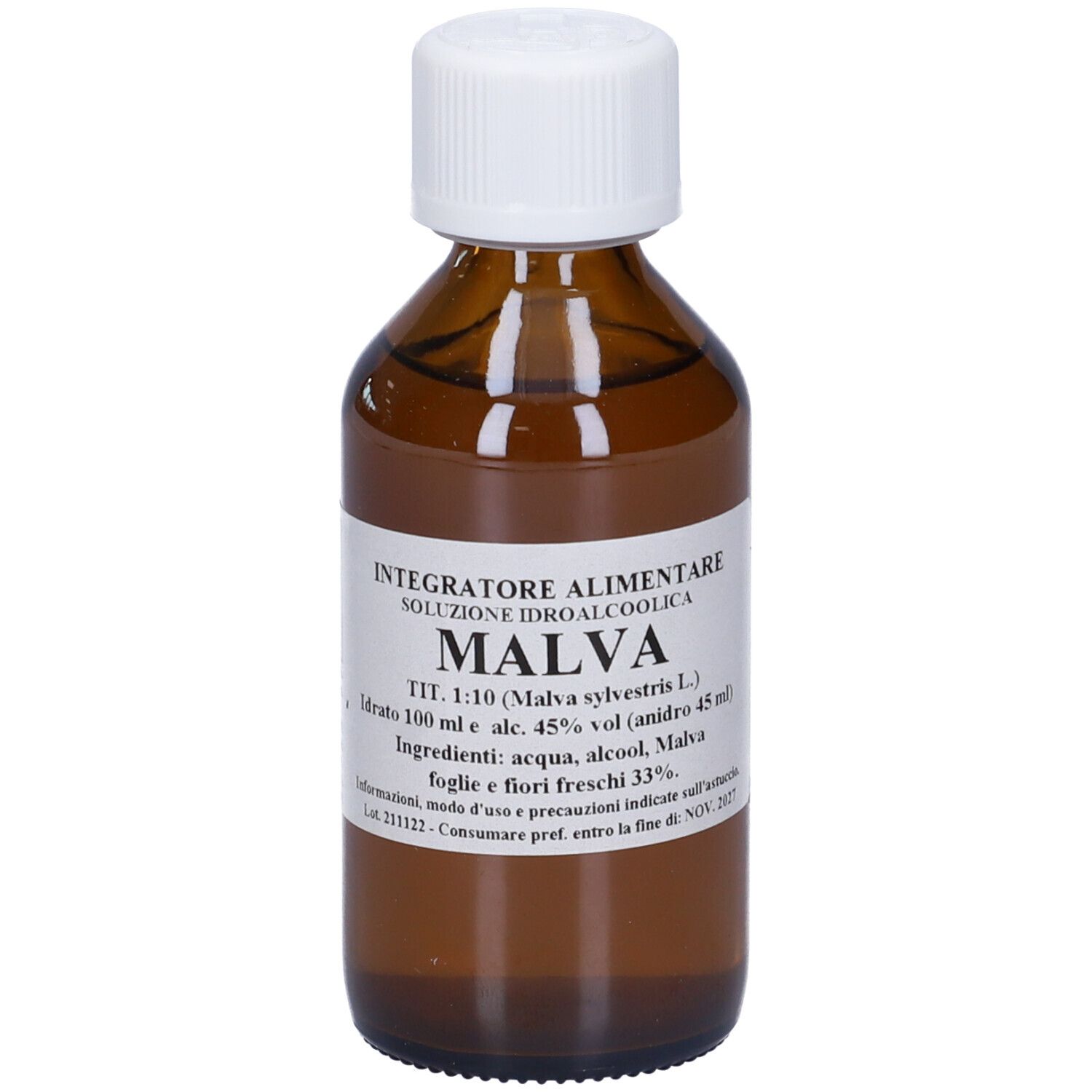Flacone di vetro marrone con tappo bianco ed etichetta. L'etichetta riporta MALVA e altre informazioni.