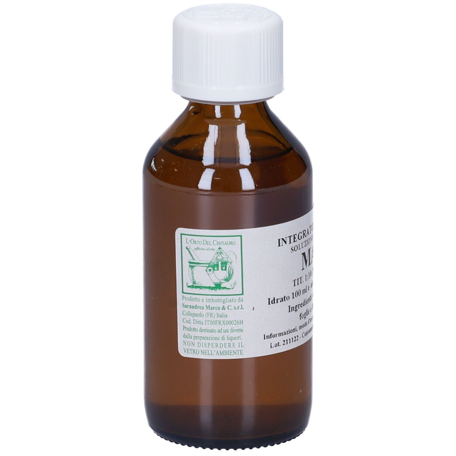 Flacone di vetro marrone con tappo bianco ed etichetta. L'etichetta riporta MALVA e altre informazioni.