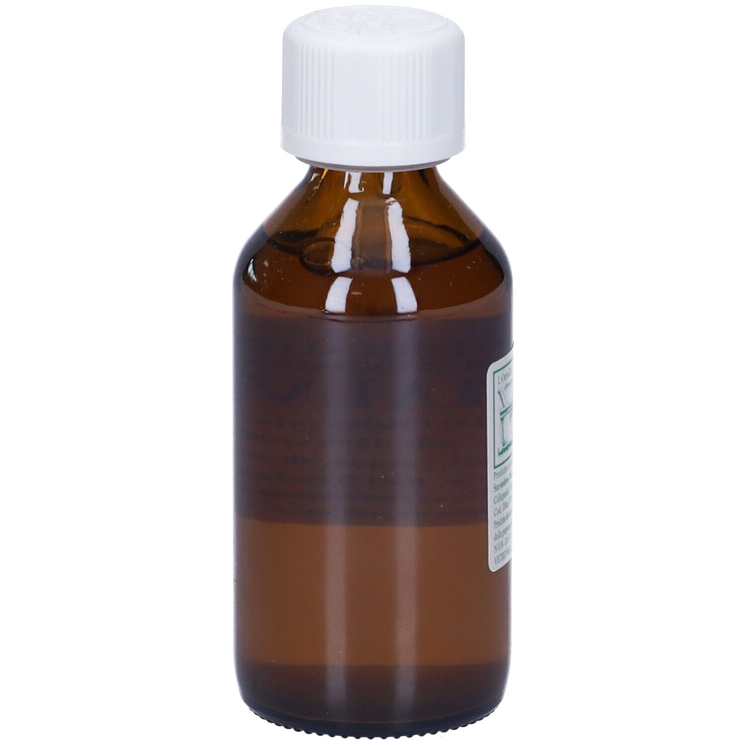 Flacone di vetro marrone con tappo bianco ed etichetta. L'etichetta riporta MALVA e altre informazioni.