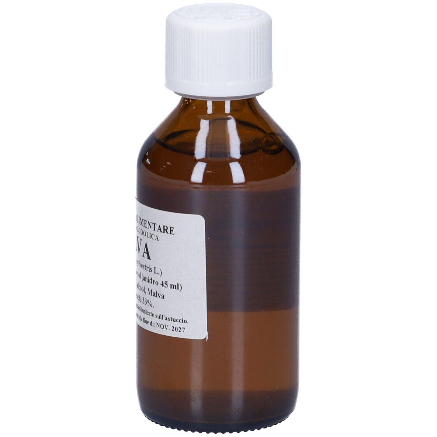 Flacone di vetro marrone con tappo bianco ed etichetta. L'etichetta riporta MALVA e altre informazioni.