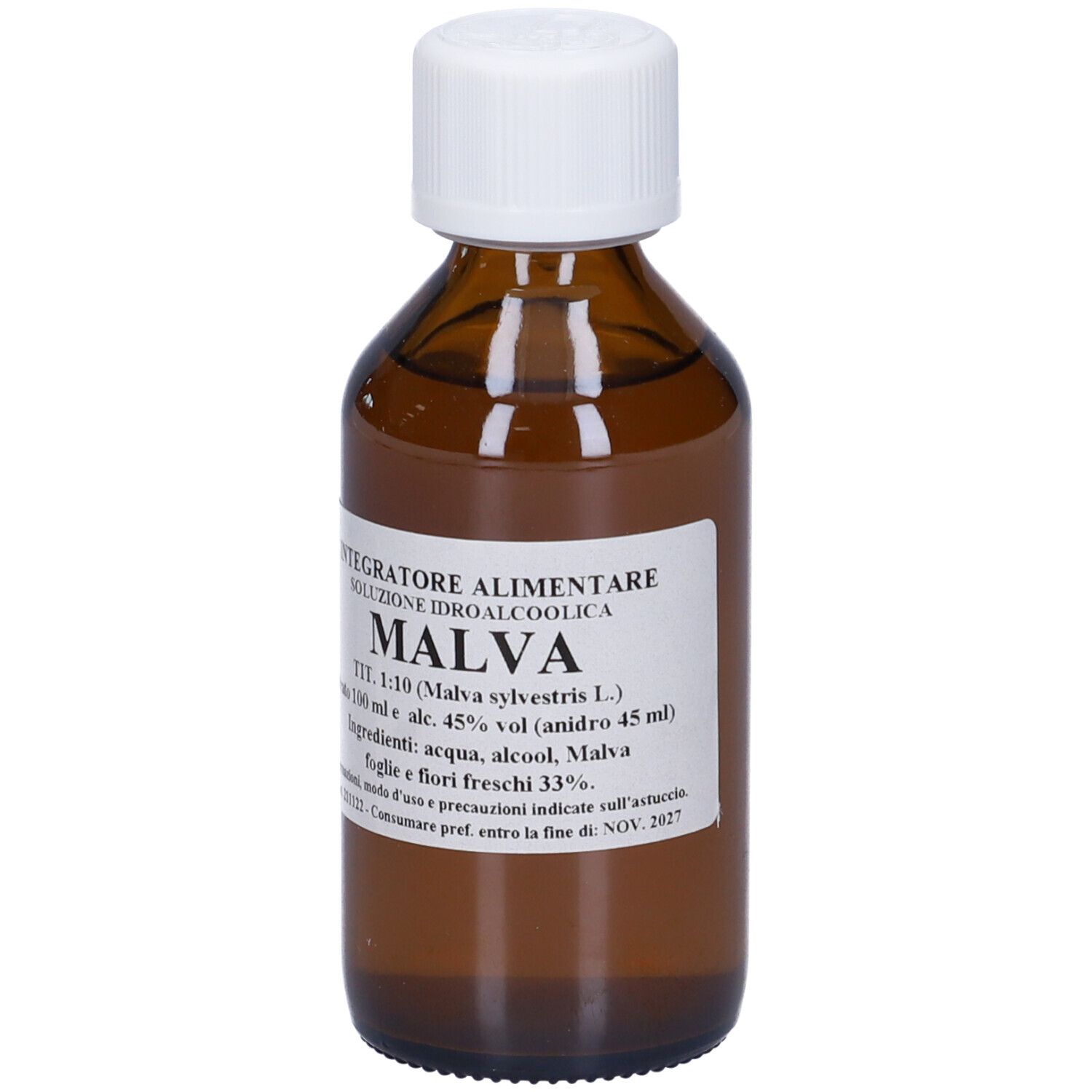 Flacone di vetro marrone con tappo bianco ed etichetta. L'etichetta riporta MALVA e altre informazioni.