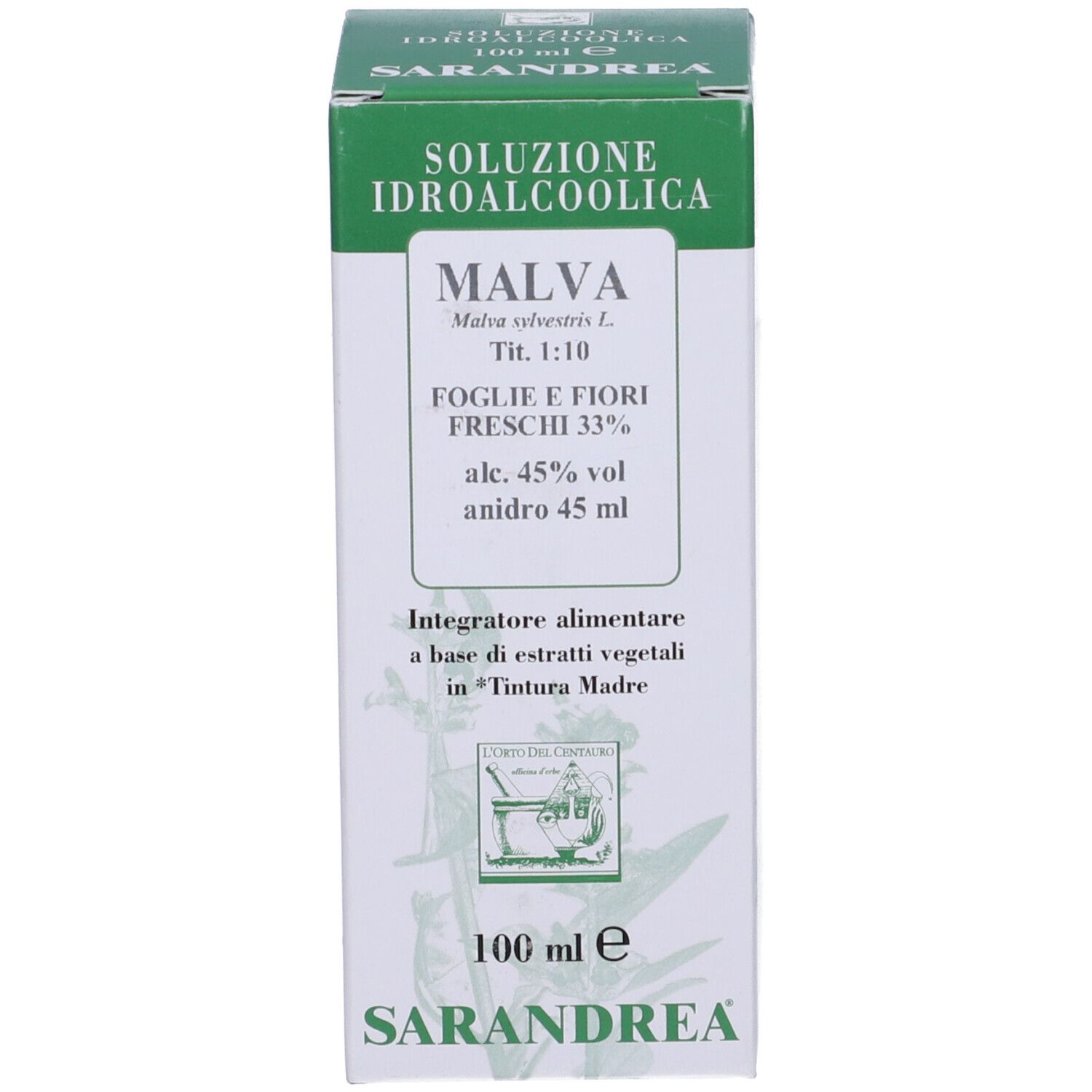 Scatola bianca con testo blu e verde. La scatola indica MALVA e altre informazioni.