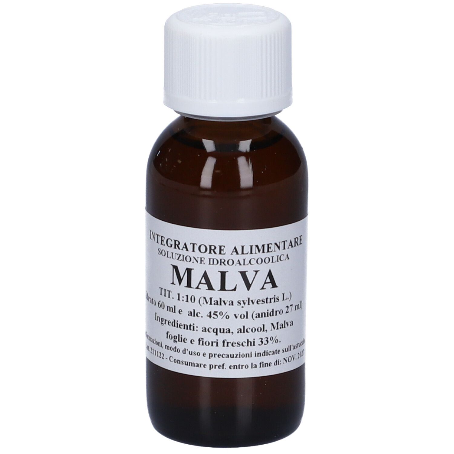 Flacone di vetro marrone con tappo bianco. Etichetta con il nome del prodotto MALVA e altre informazioni. Scritta: Integratore Alimentare.