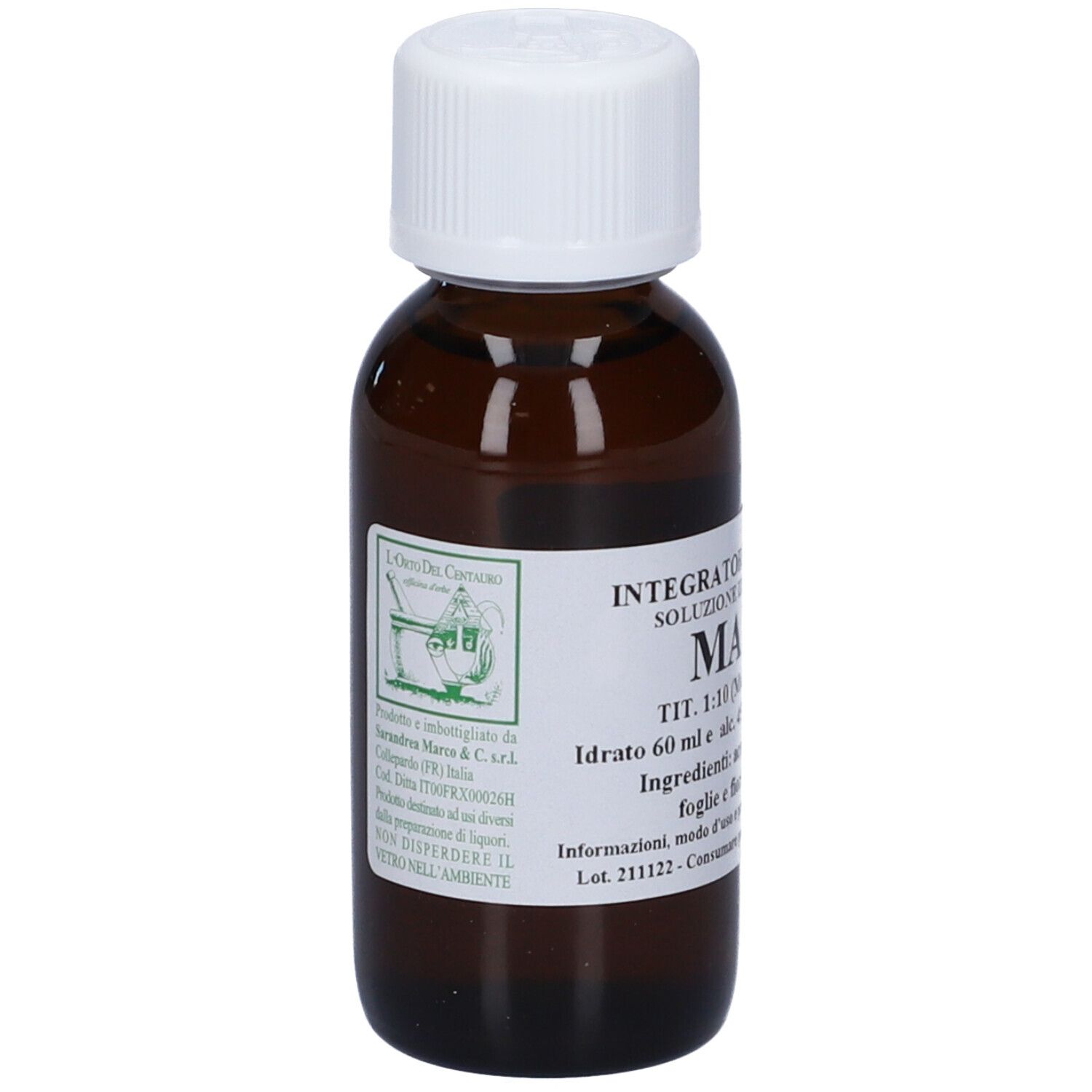 Flacone di vetro marrone con tappo bianco. Etichetta con il nome del prodotto MALVA e altre informazioni. Scritta: Integratore Alimentare.