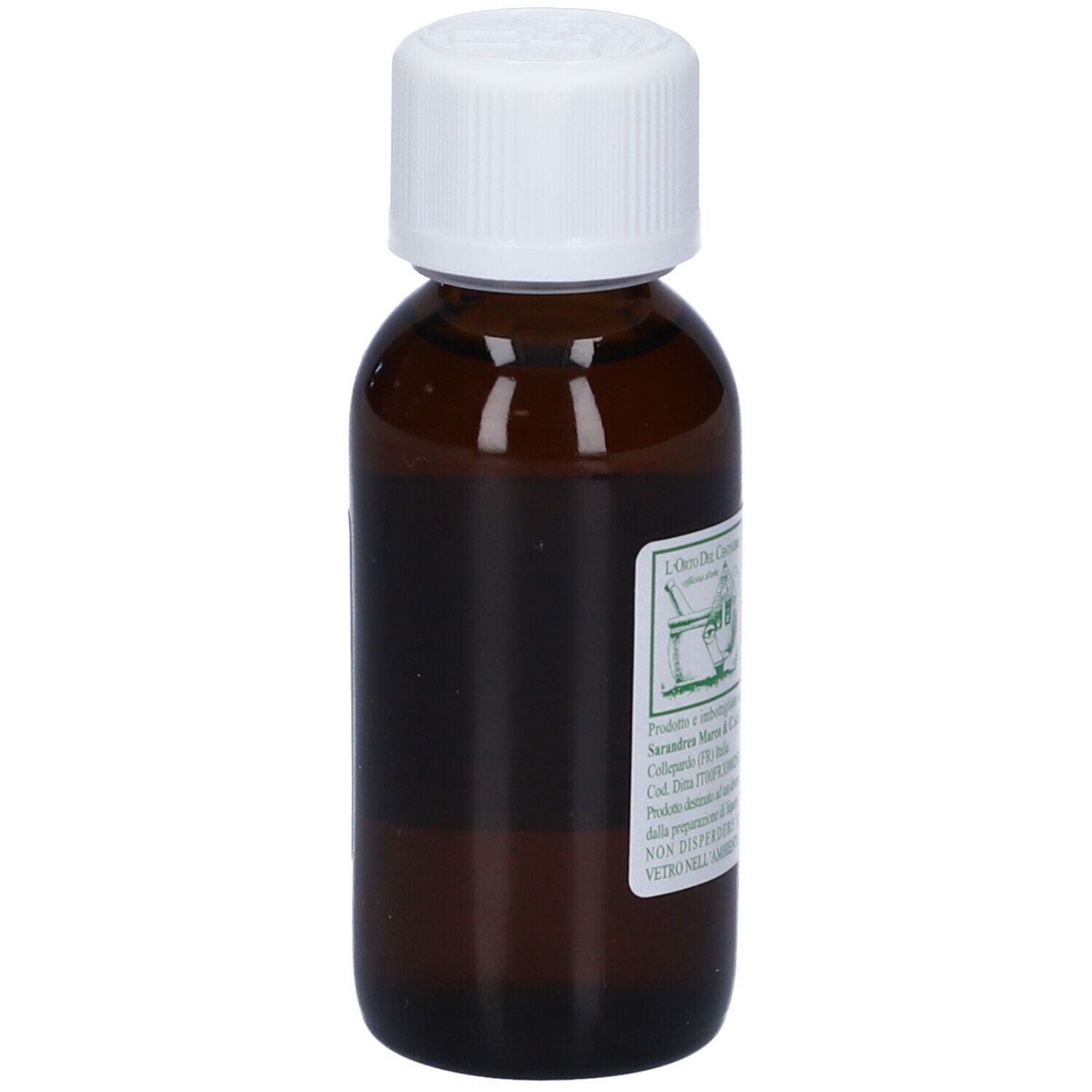 Flacone di vetro marrone con tappo bianco. Etichetta con il nome del prodotto MALVA e altre informazioni. Scritta: Integratore Alimentare.
