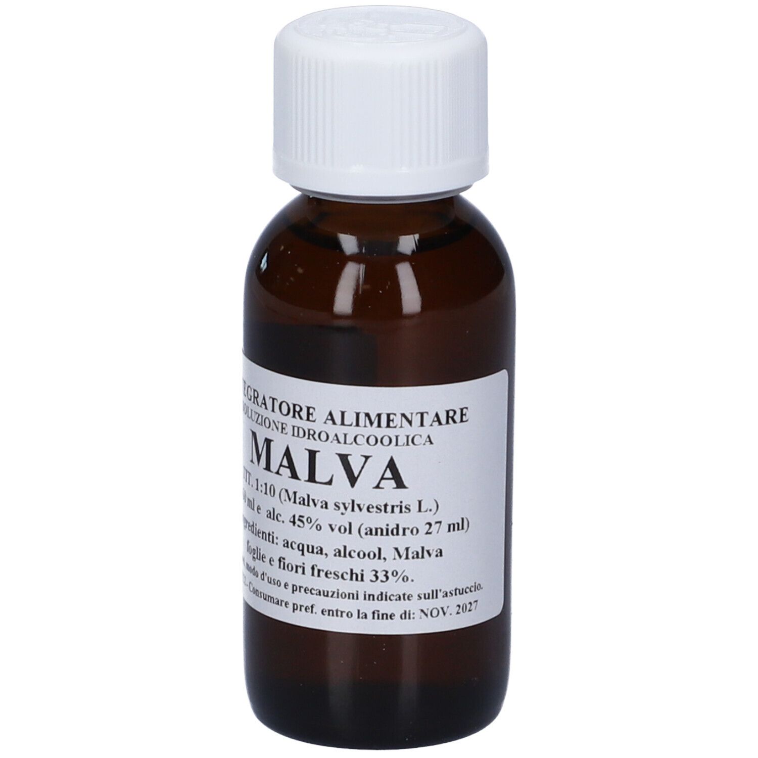 Flacone di vetro marrone con tappo bianco. Etichetta con il nome del prodotto MALVA e altre informazioni. Scritta: Integratore Alimentare.