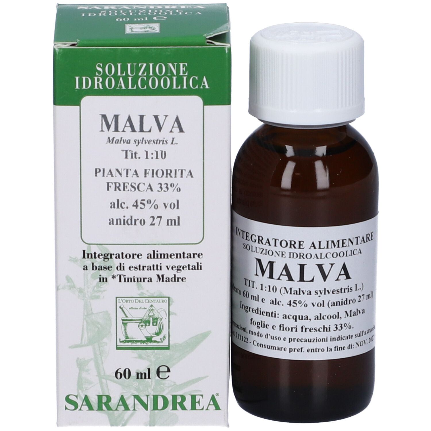 Flacone di vetro marrone con tappo bianco e scatola verde. Scritta: MALVA, 60 ml, Soluzione Idroalcolica. Marchio: Sarandrea.