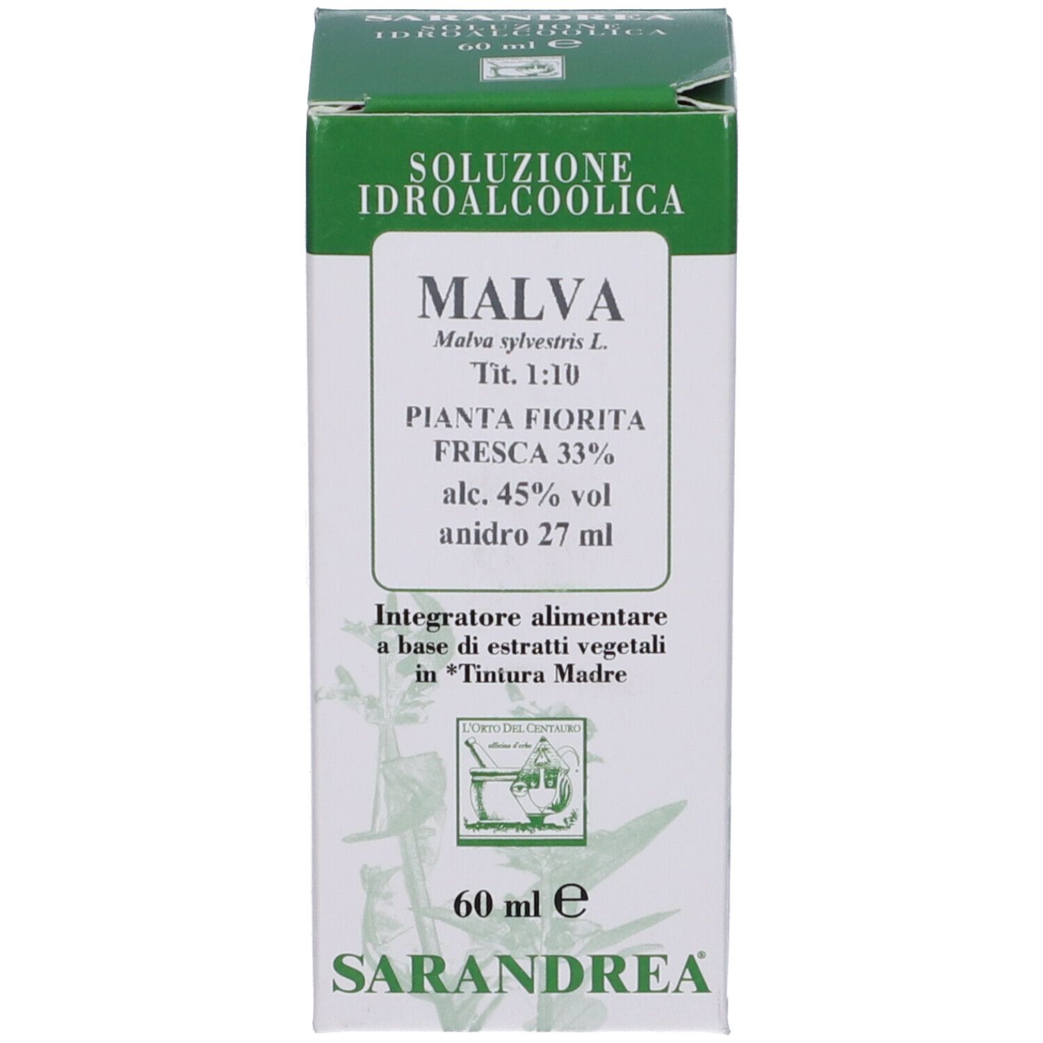 Scatola verde con informazioni sul prodotto. Scritta: MALVA, 60 ml, Soluzione Idroalcolica. Marchio: Sarandrea.