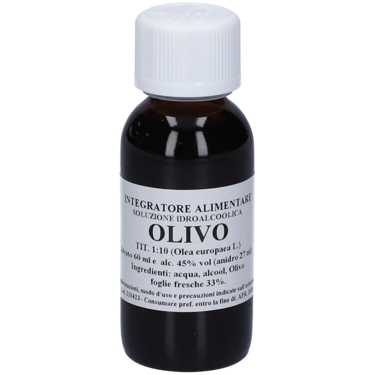 Flacone di vetro marrone con tappo bianco. Etichetta: Olivo, 60 ml, soluzione. Ingredienti: acqua, alcool, foglie di olivo.