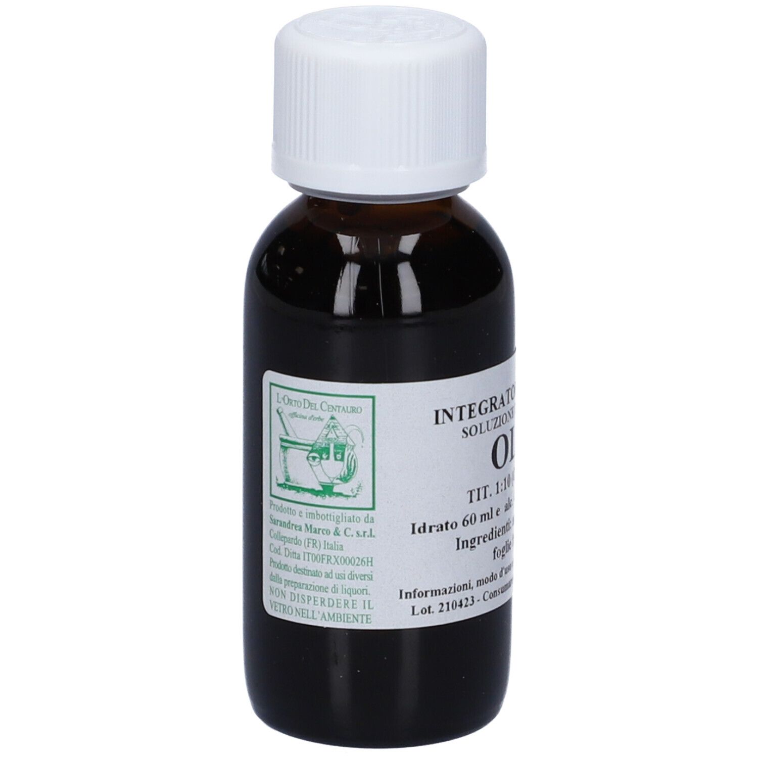 Flacone di vetro marrone con tappo bianco. Etichetta: Olivo, 60 ml, soluzione. Logo mortaio. Ingredienti: acqua, alcool, foglie di olivo.